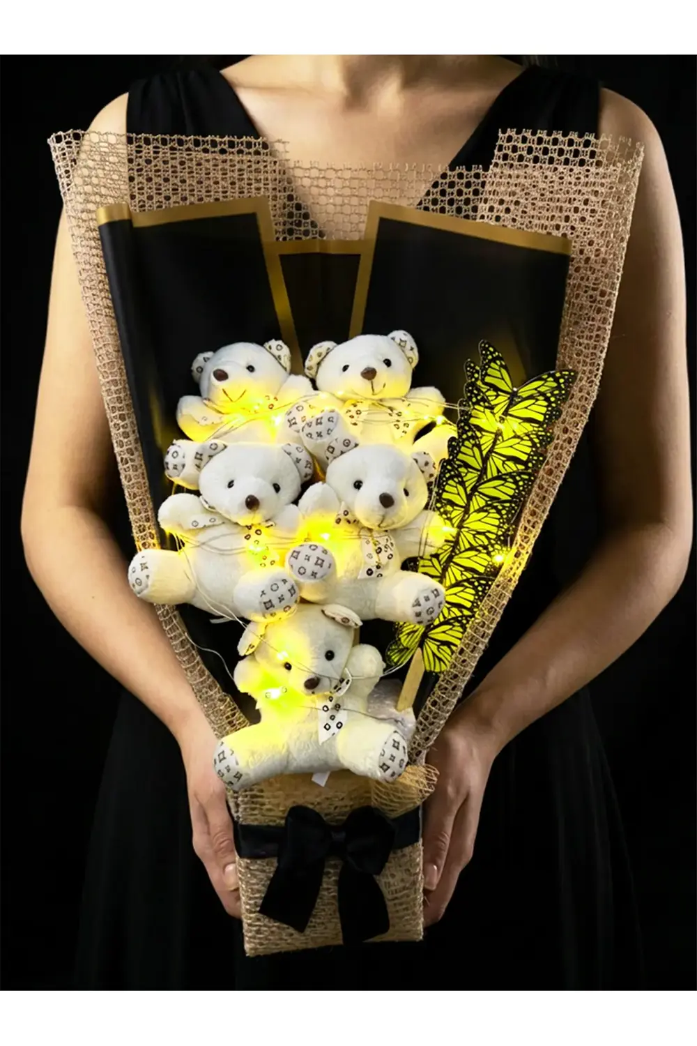 Sarı Işıklı Kelebekli Ayıcık Buketi - Sevgiliye Hediye - Dogum Gu