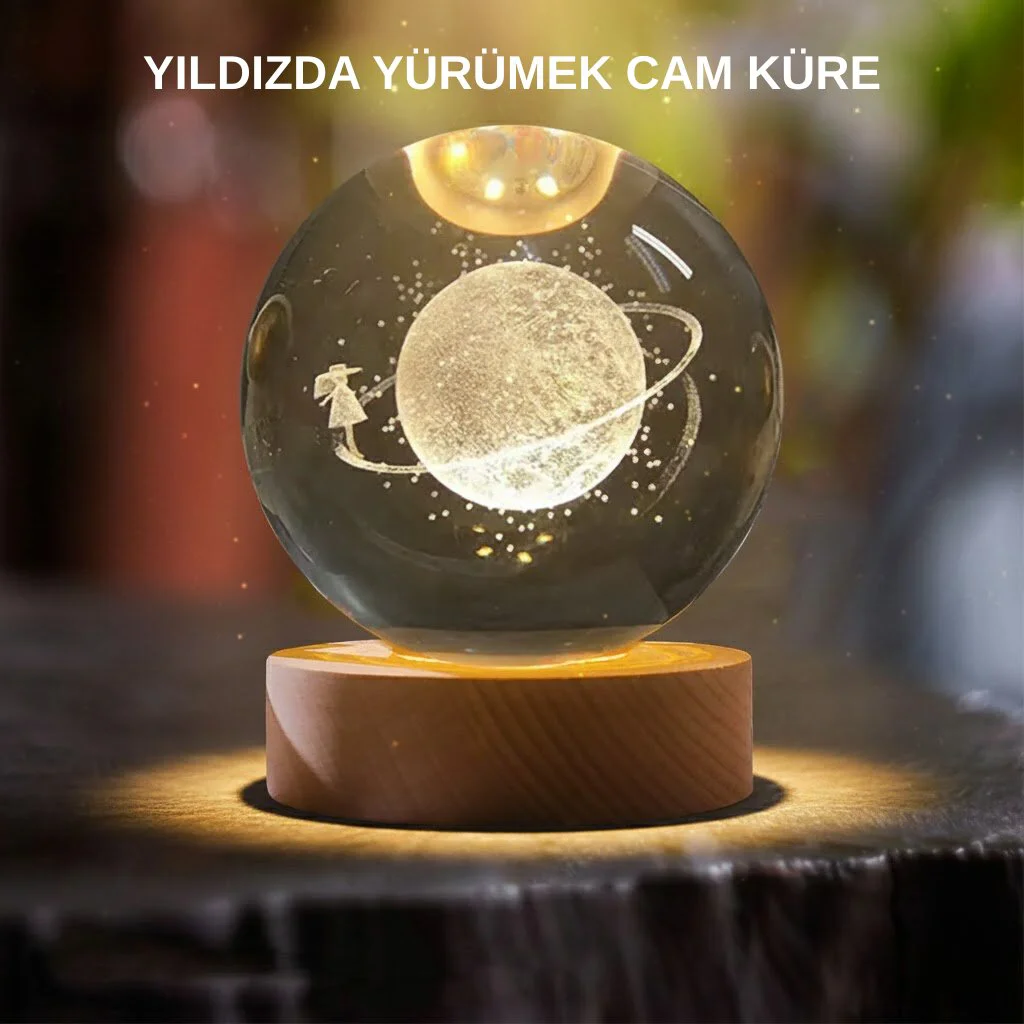 Sarı Işıklı Kız Figürlü Dekoratif Cam Küre Ahşap Standlı - Modern ve Neşeli Ev Dekorasyonu