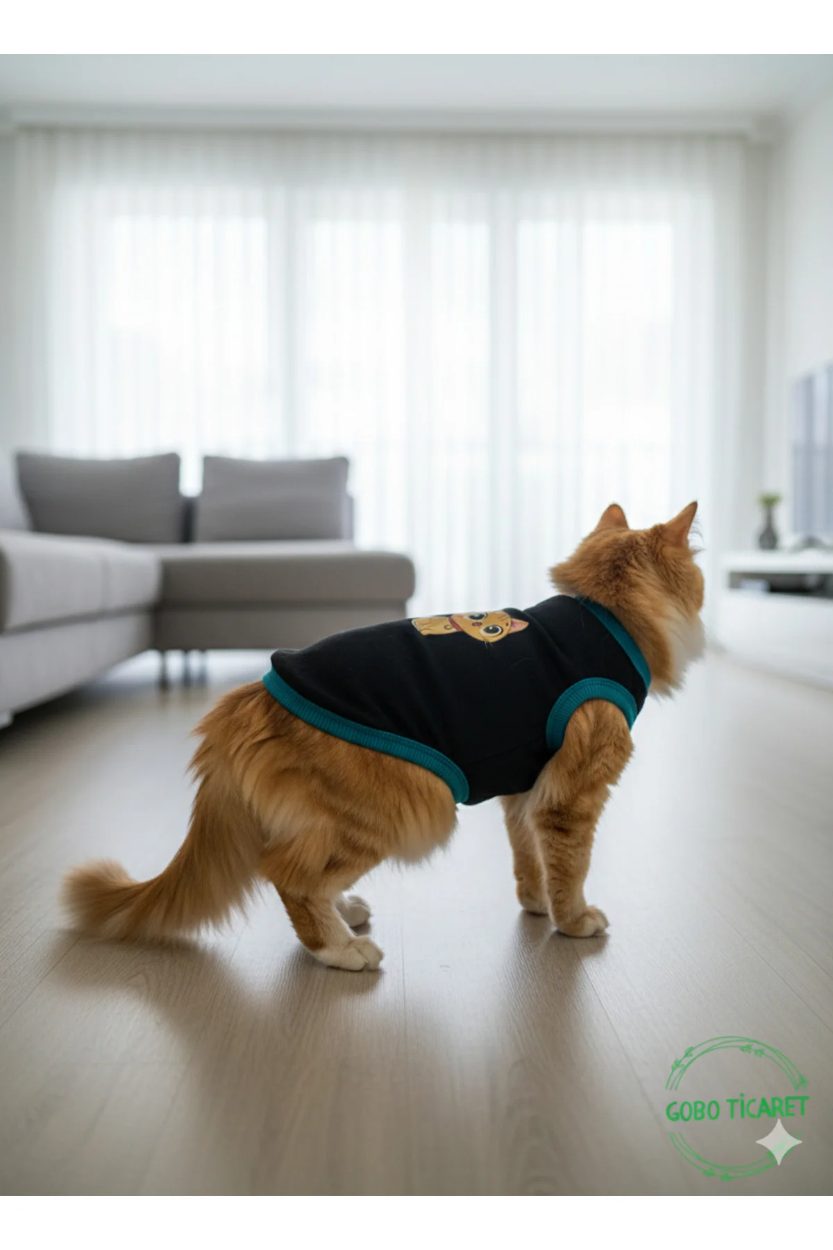 Sarı Kedi Baskılı Kışlık Siyah Kedi Köpek Kıyafeti Elbisesi Large
