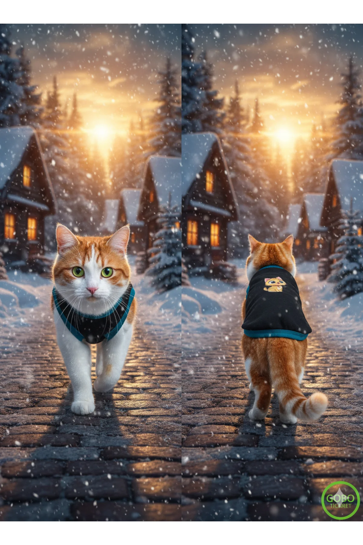 Sarı Kedi Baskılı Kışlık Siyah Kedi Köpek Kıyafeti Elbisesi XLarg