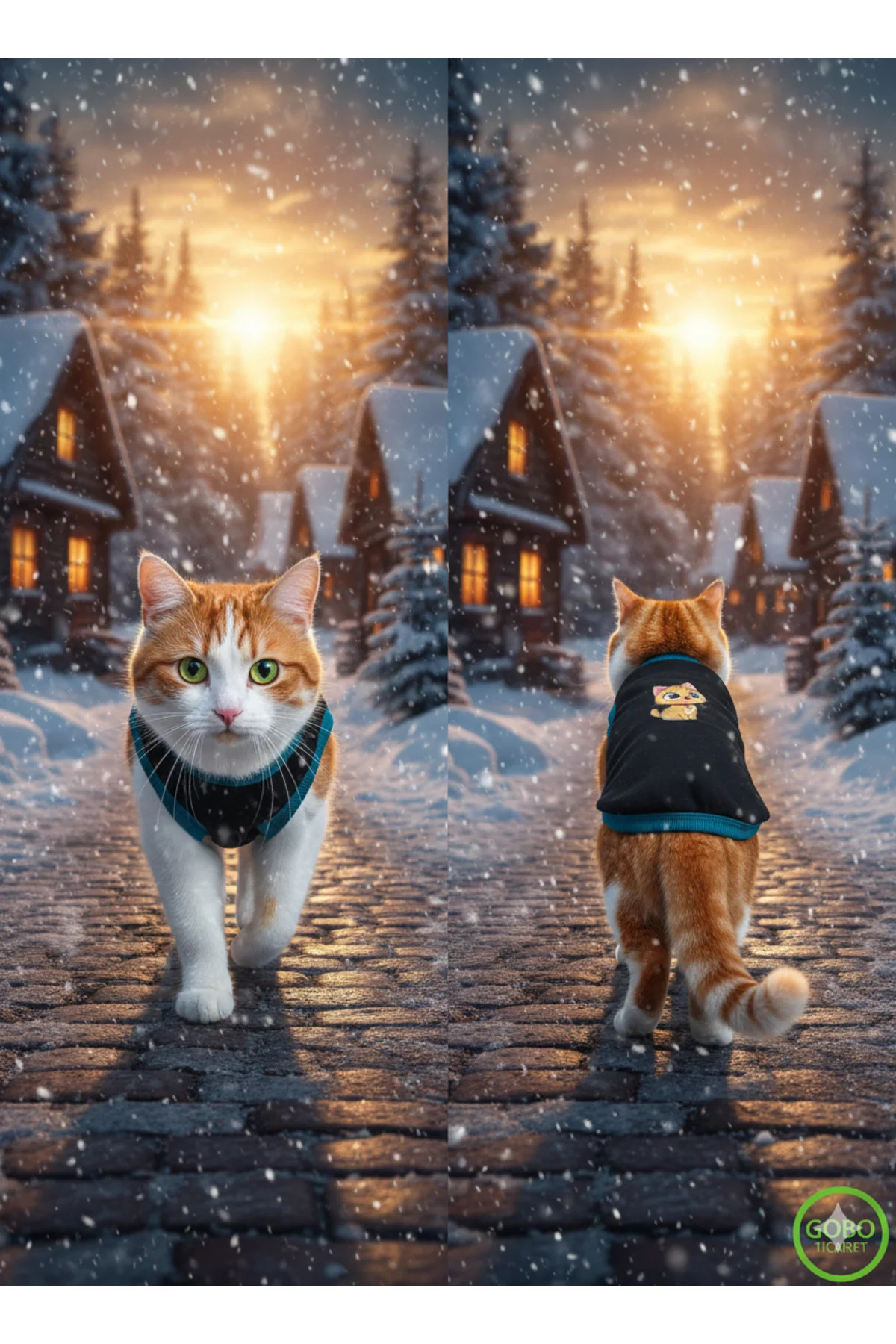 Sarı Kedi Baskılı Kışlık Siyah Kedi Köpek Kıyafeti Elbisesi SMALL