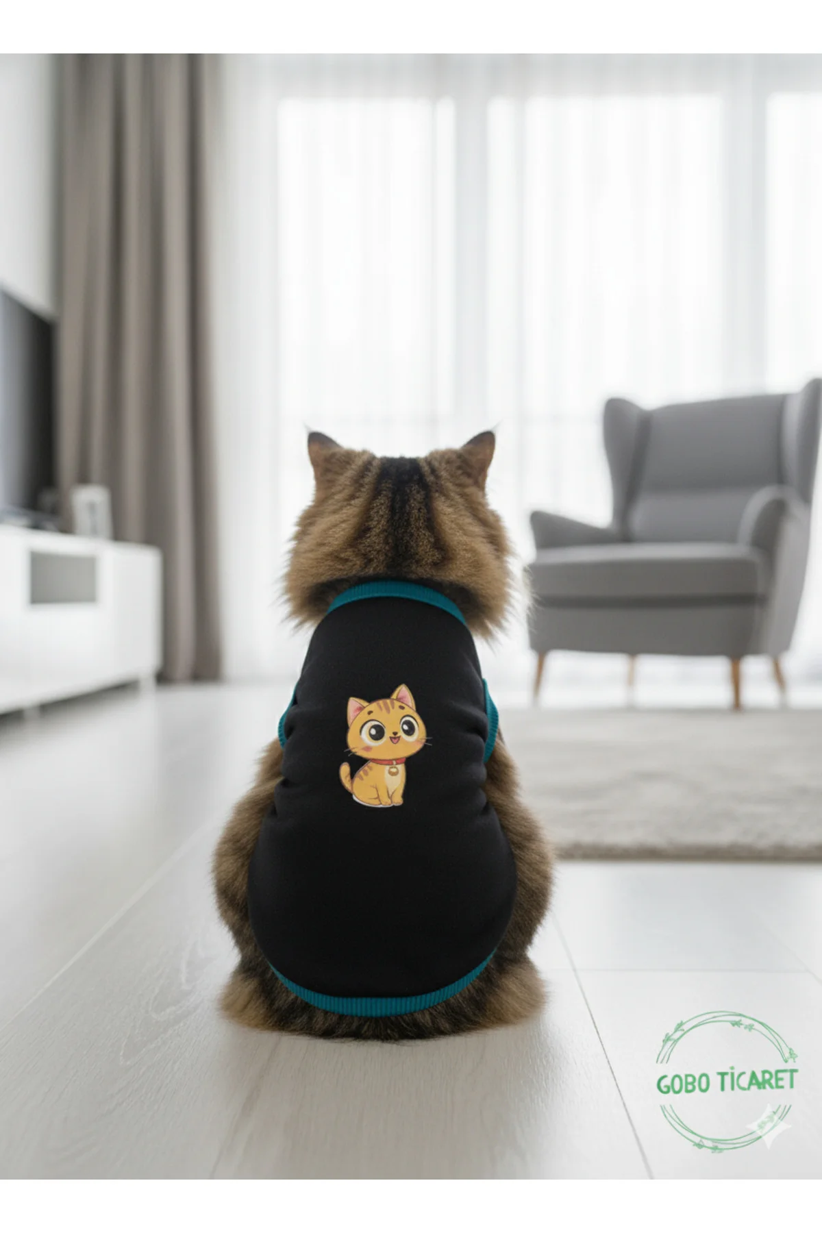 Sarı Kedi Baskılı Kışlık Siyah Kedi Köpek Kıyafeti Elbisesi Mediu