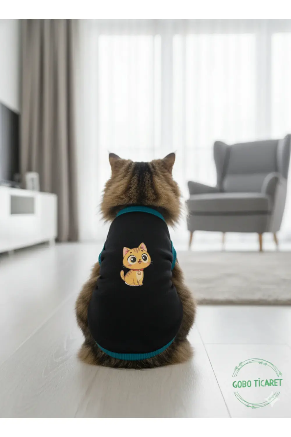 Sarı Kedi Baskılı Kışlık Siyah Kedi Köpek Kıyafeti Elbisesi Large