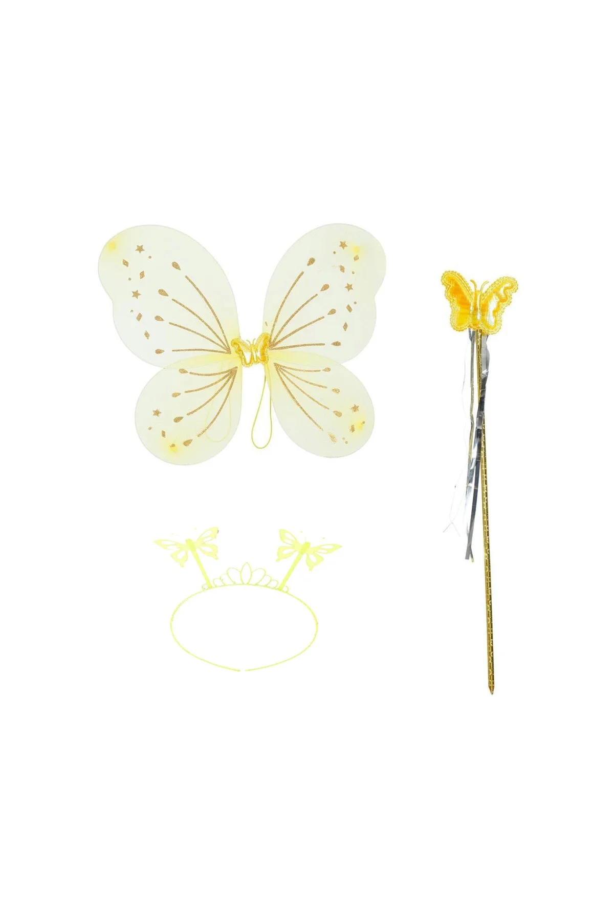 Sarı Kelebek Erkek-kız Seti – 50 Cm Kelebek Kanadı, Taç Ve Asa - 