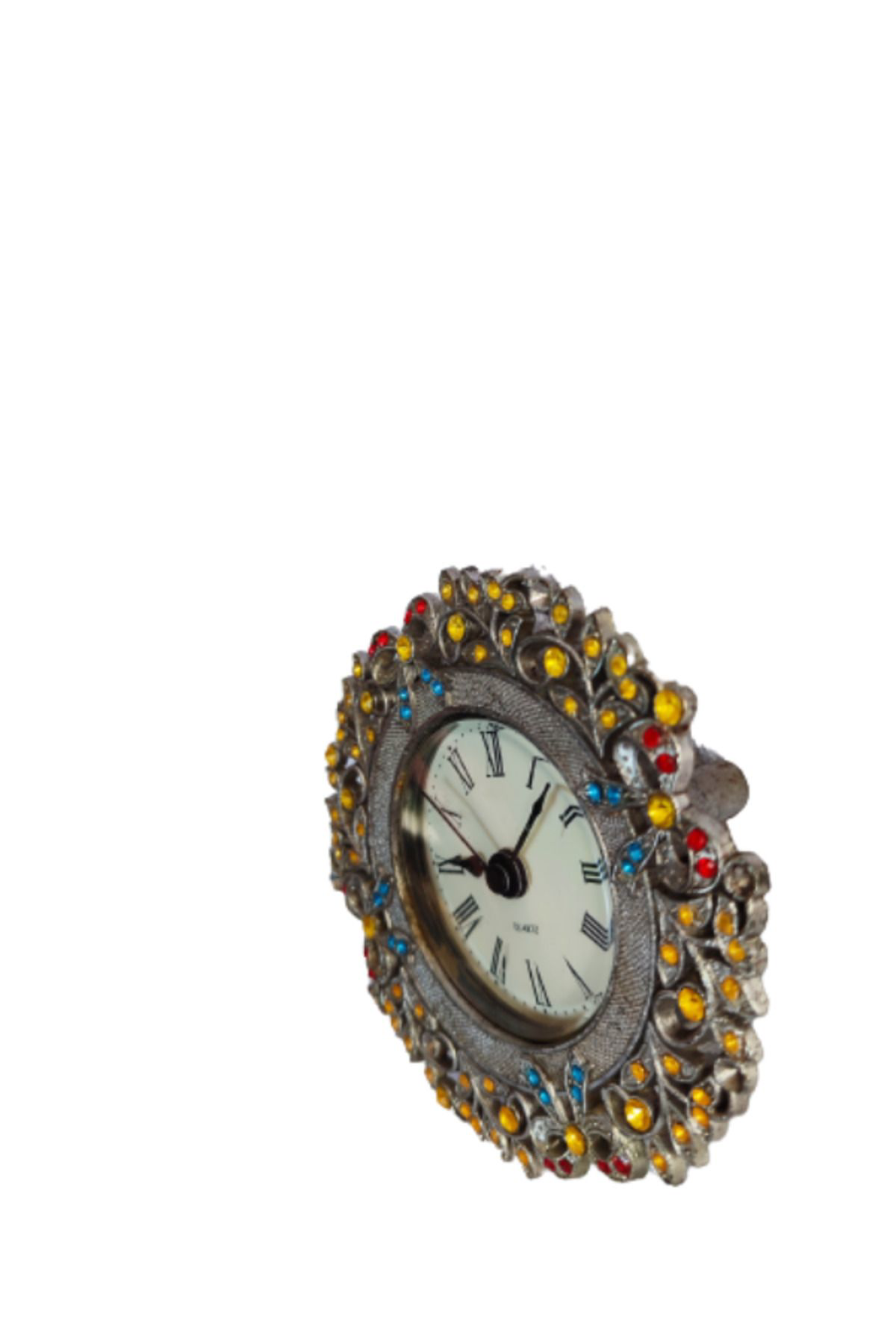 Quartz Sari Kirmizi Mavi Taşli Fiyonklu Gümüş Kaplama Özel Tasarim Solmaz Ve Kararmaz Masa Saati