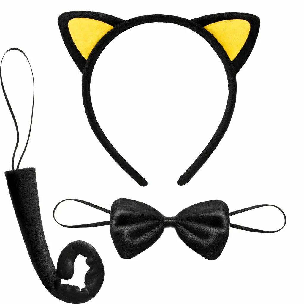 Sarı Kulaklı Kedi Kostüm Seti – 3 Parça Taç Papyon Kuyruk
