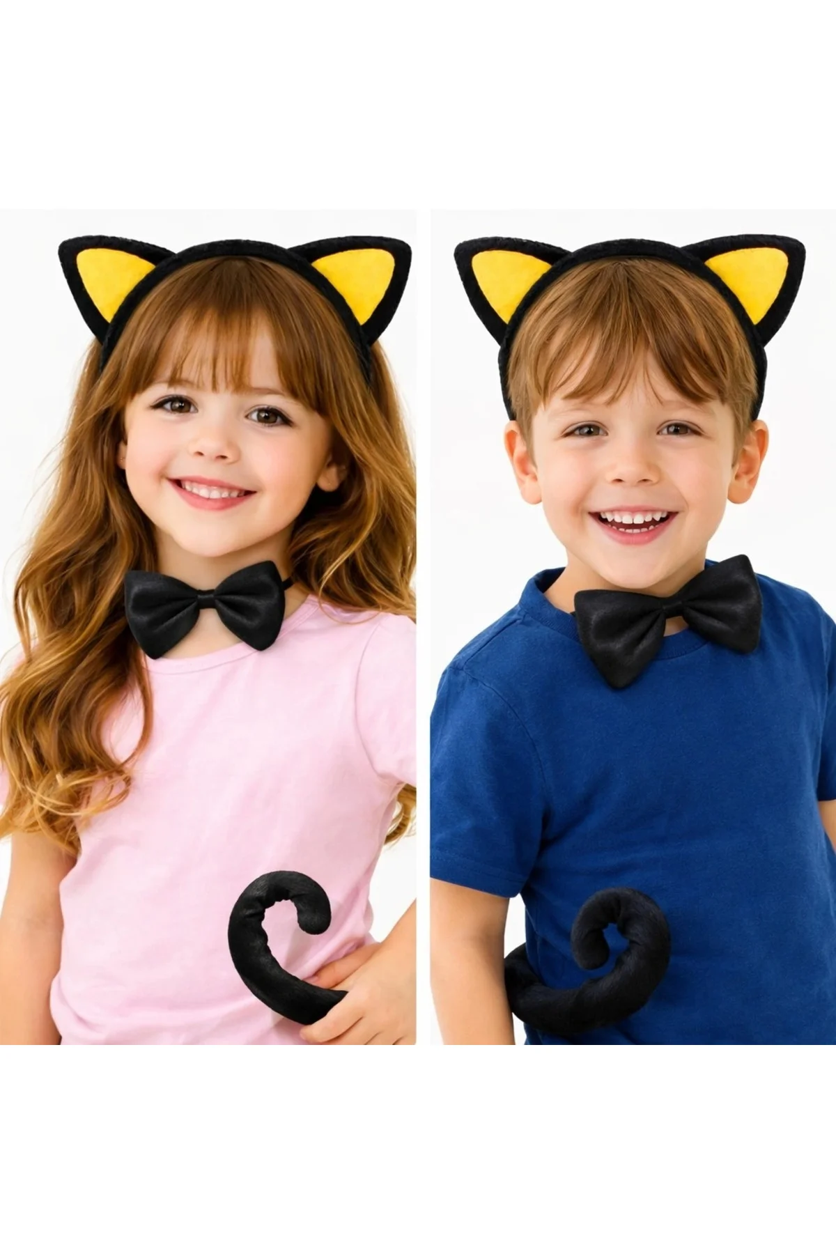 Sarı Kulaklı Kedi Kostüm Seti – Taç Papyon Kuyruk 3 Parça - Lisin