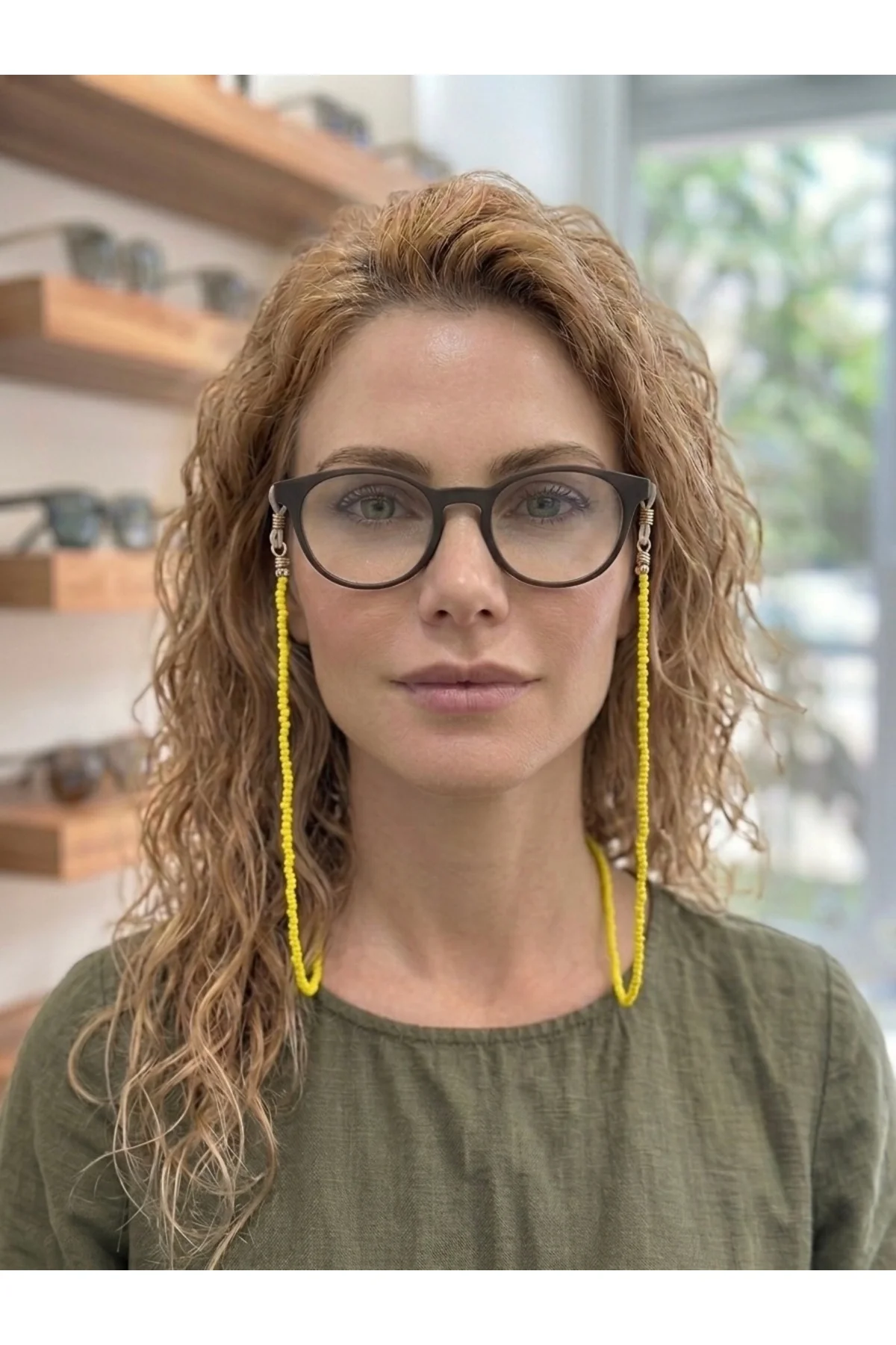 Sarı Kum ve Cam Boncuk Gözlük İpi Askısı 70 cm Optik ve Güneş Gözlük Uyumlu