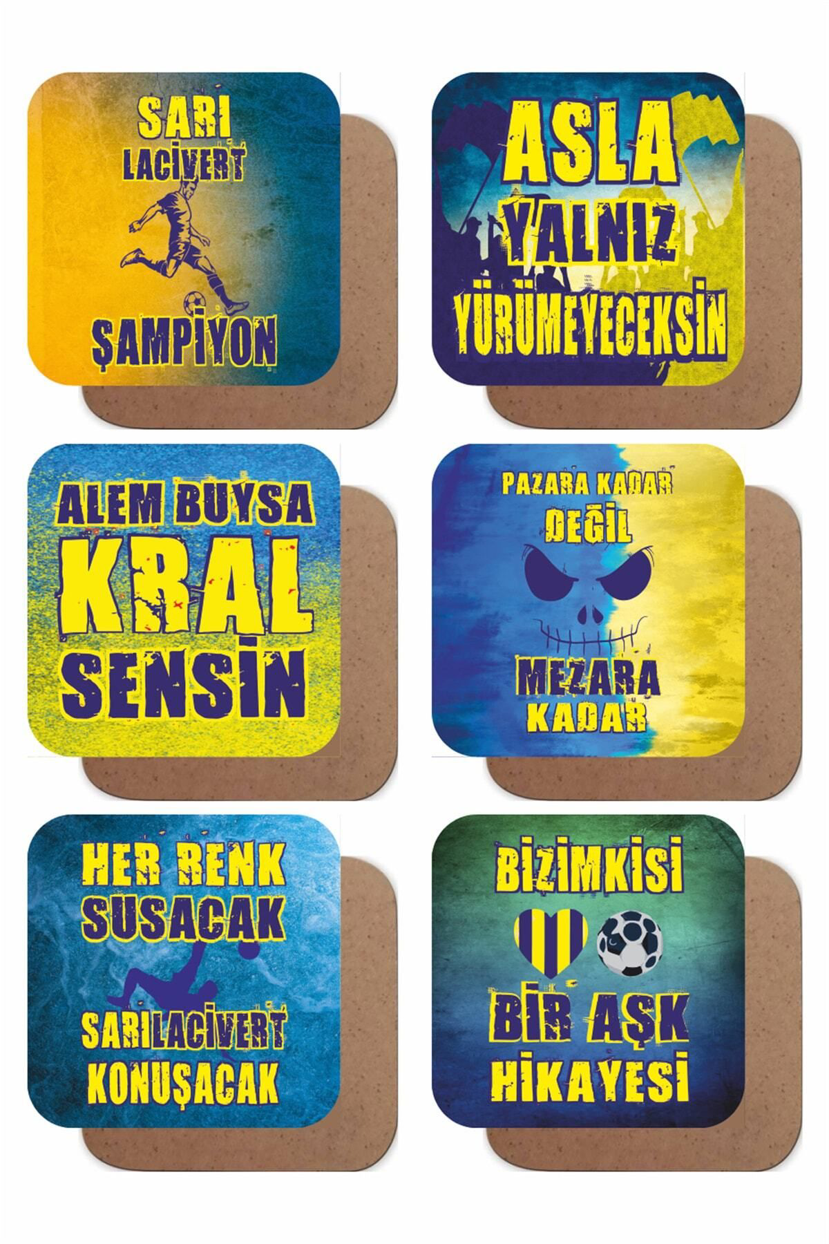 Sarı Lacivert Futbol Takım Taraftar 6lı Ahşap Bardak Altlığı Seti