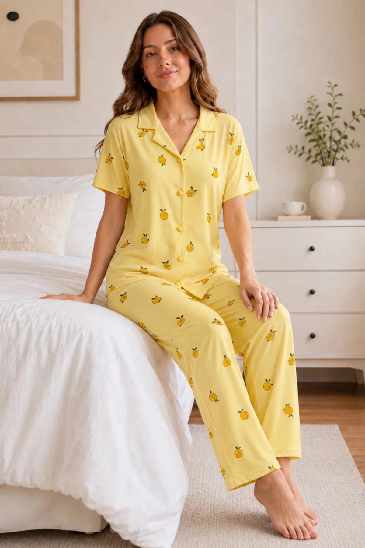 Sarı Limon Desenli Kısa Kollu Gömlek Yaka Milan Kumaş Kadın Pijama Takımı Fiyatı, Yorumları ve Özellikleri