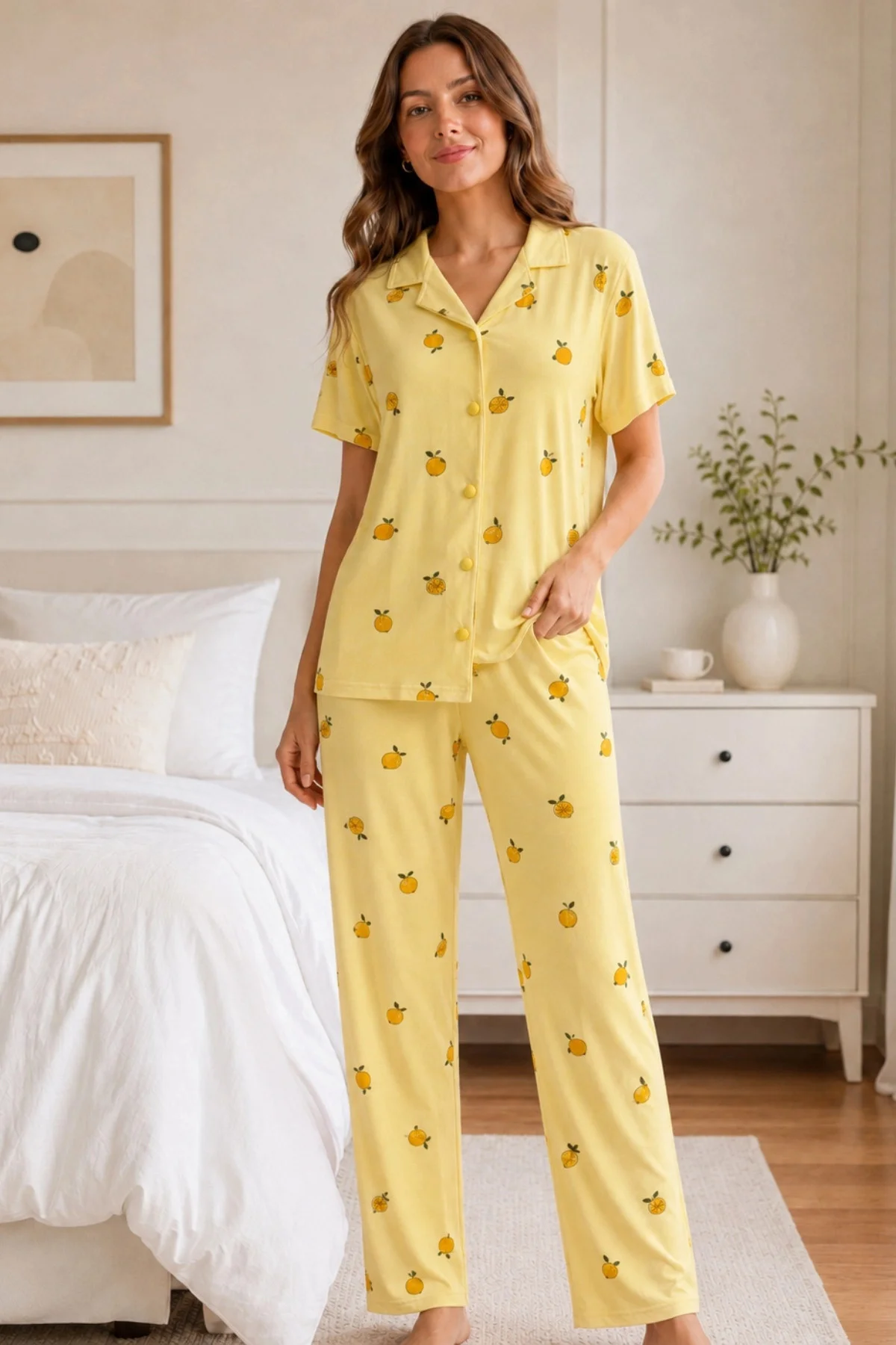 Sarı Limon Desenli Kısa Kollu Gömlek Yaka Milan Kumaş Kadın Pijama Takımı Fiyatı, Yorumları ve Özellikleri
