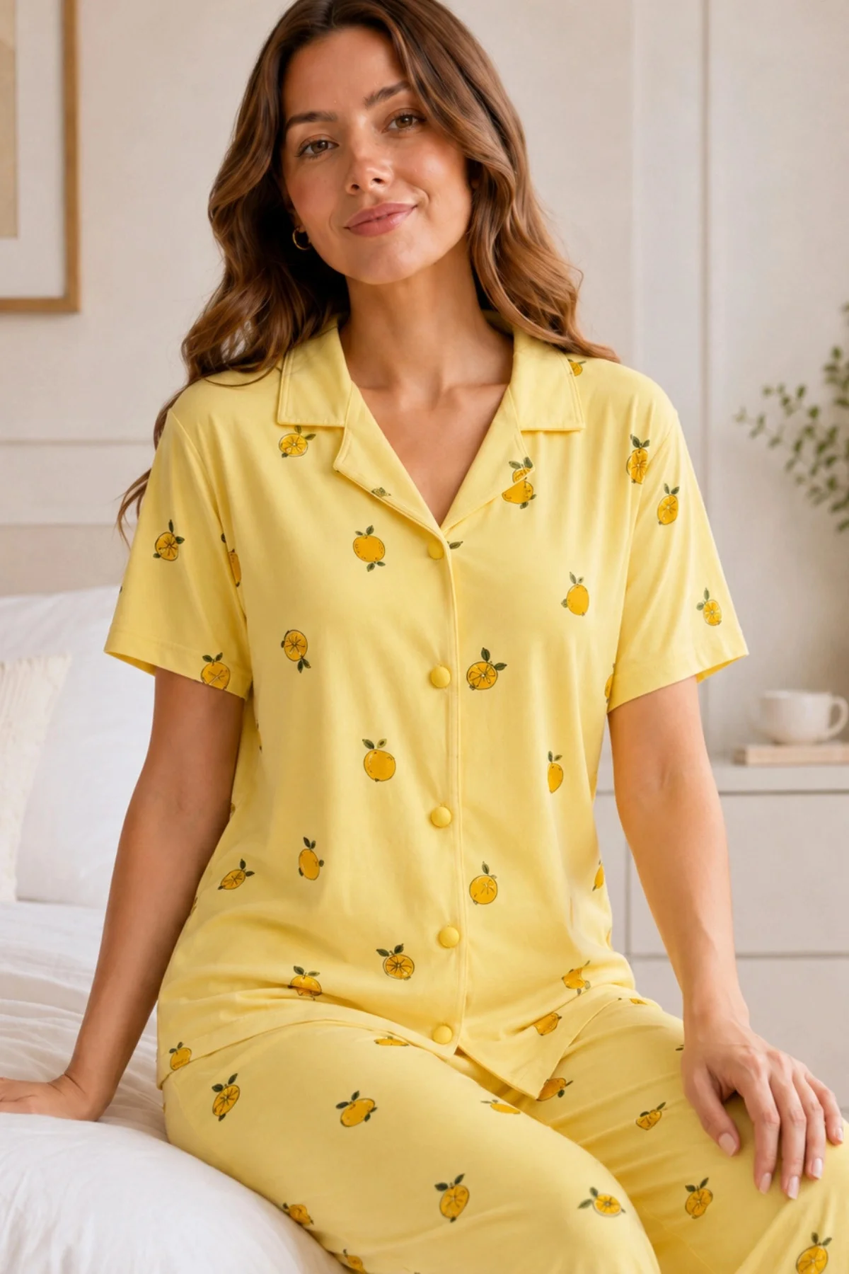 Sarı Limon Desenli Kısa Kollu Gömlek Yaka Milan Kumaş Kadın Pijama Takımı Fiyatı, Yorumları ve Özellikleri