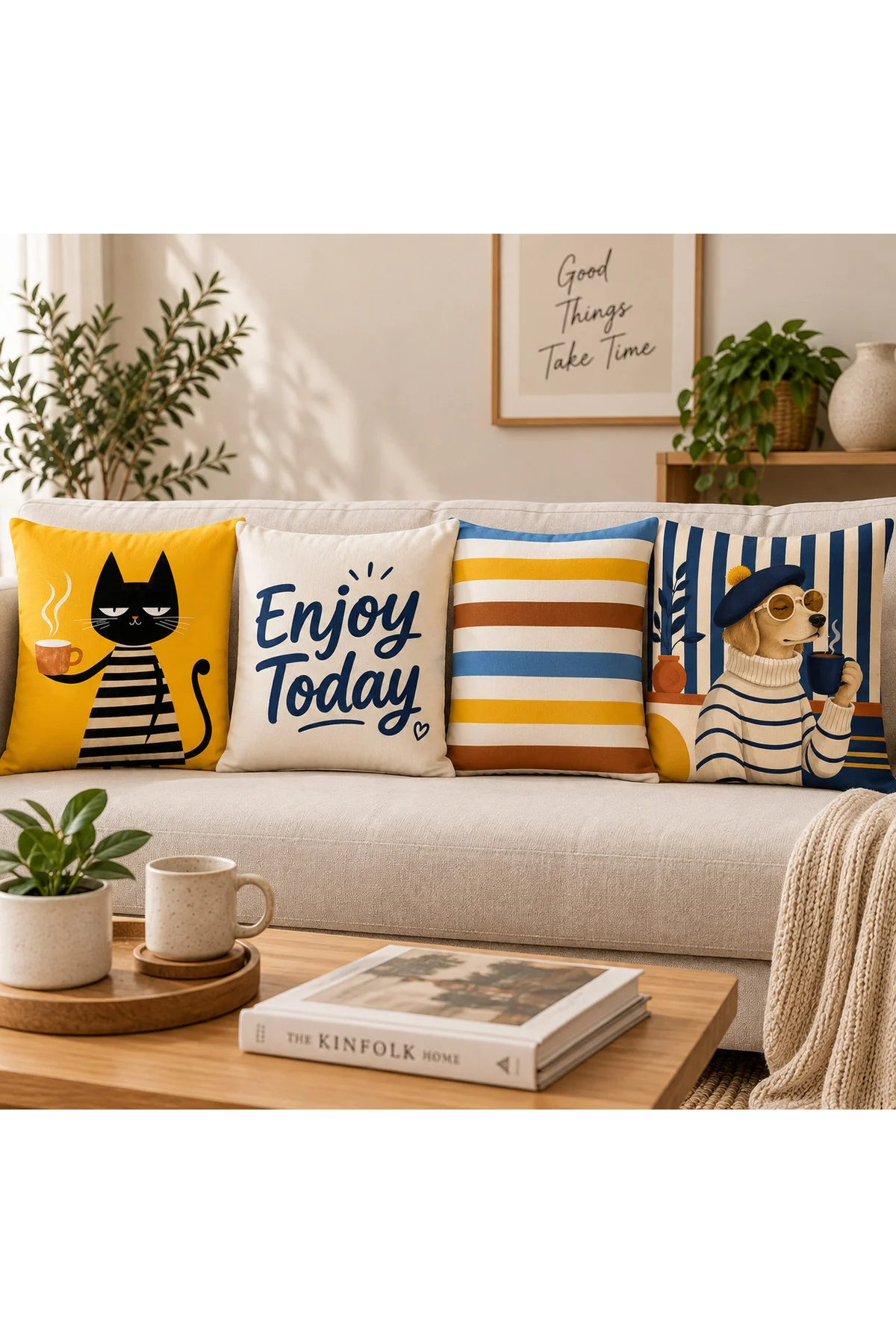 Sarı Mavi Çizgili Modern Retro Dekoratif 4’lü Kedi Köpek Desenli Kırlent Kılıfı Seti