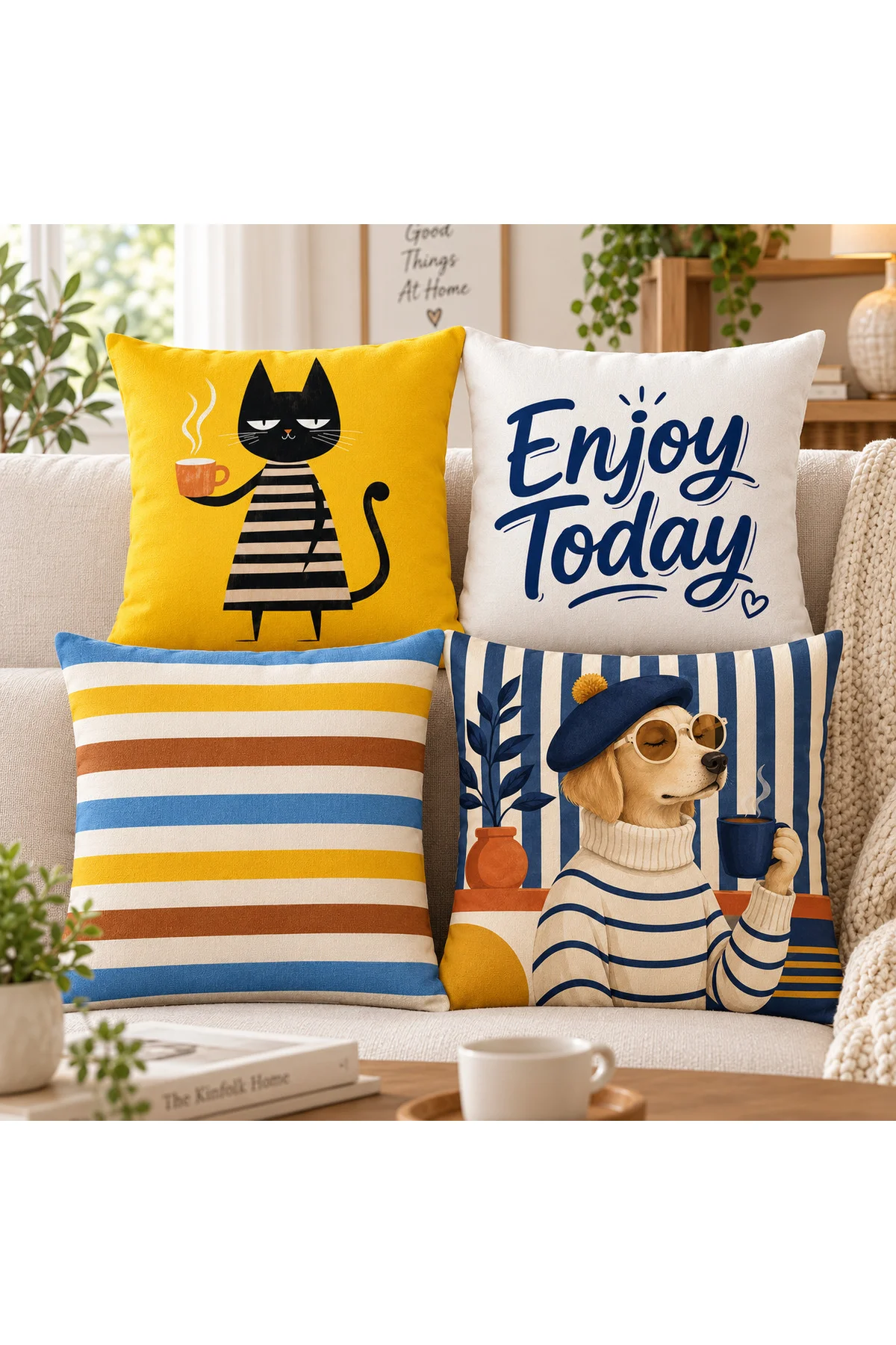 Sarı Mavi Çizgili Modern Retro Dekoratif 4’lü Kedi Köpek Desenli Kırlent Kılıfı Seti