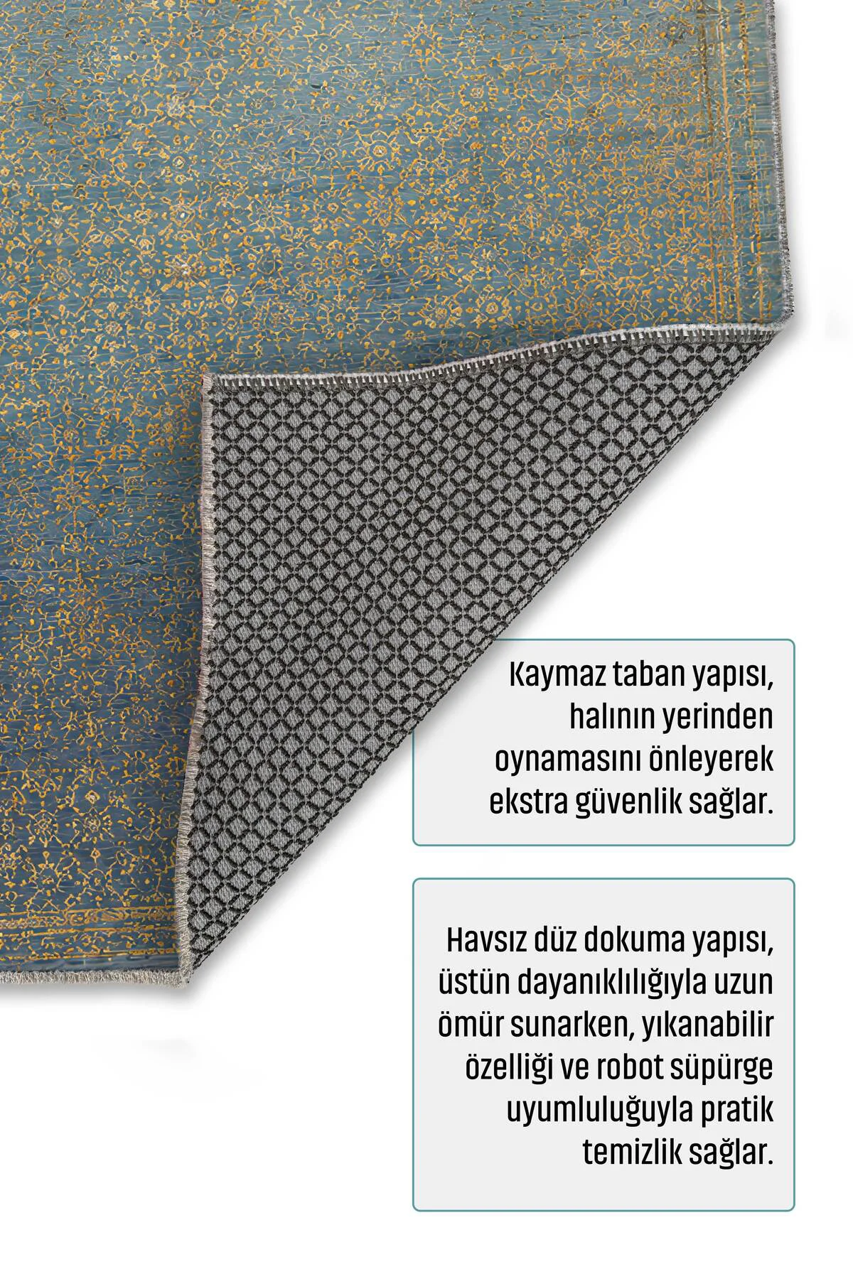 Sarı Mavi Klasik Şönil Halı Kilim Yolluk Kaymaz Saçaklı Yıkanabil