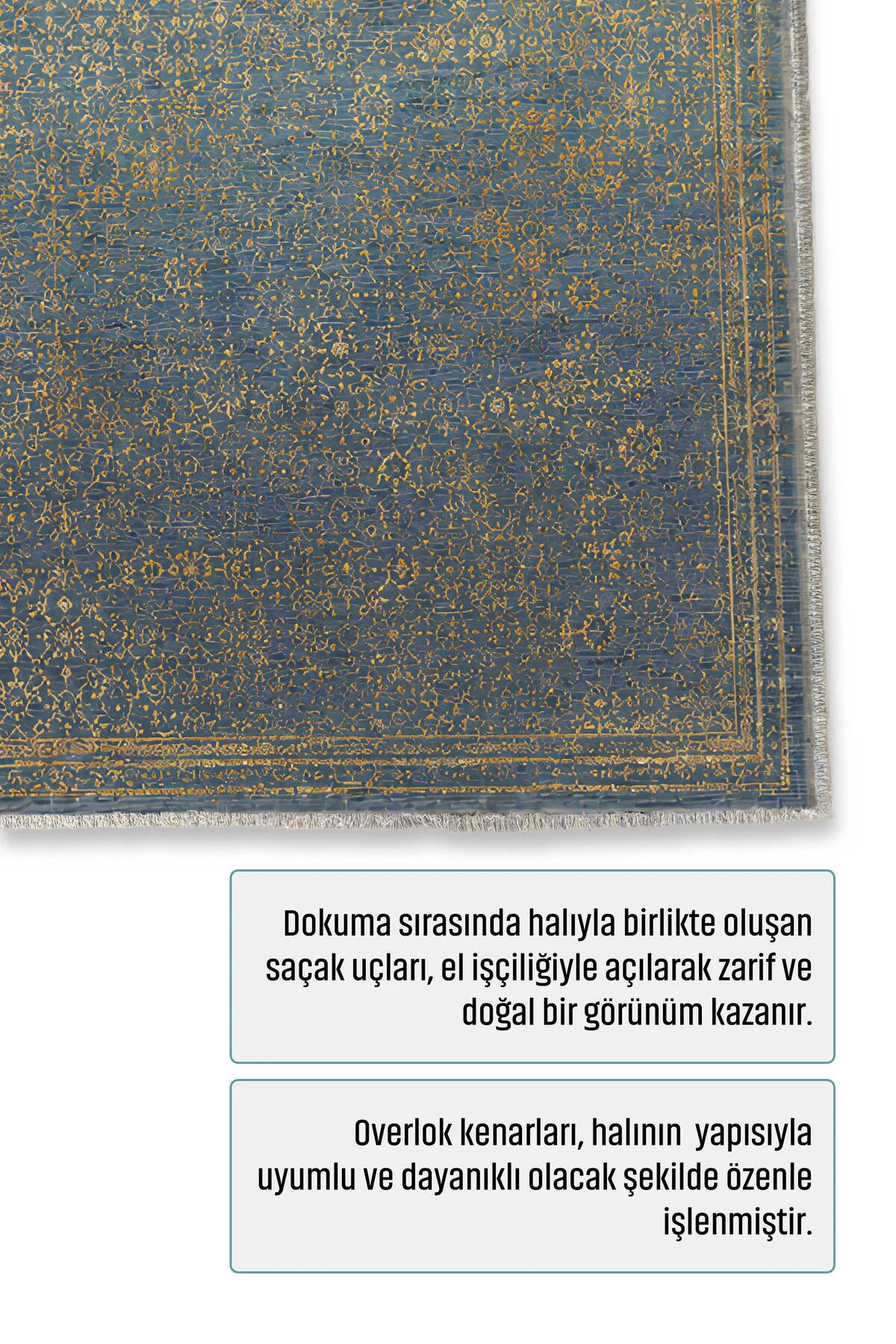 Sarı Mavi Klasik Şönil Halı Kilim Yolluk Kaymaz Saçaklı Yıkanabil