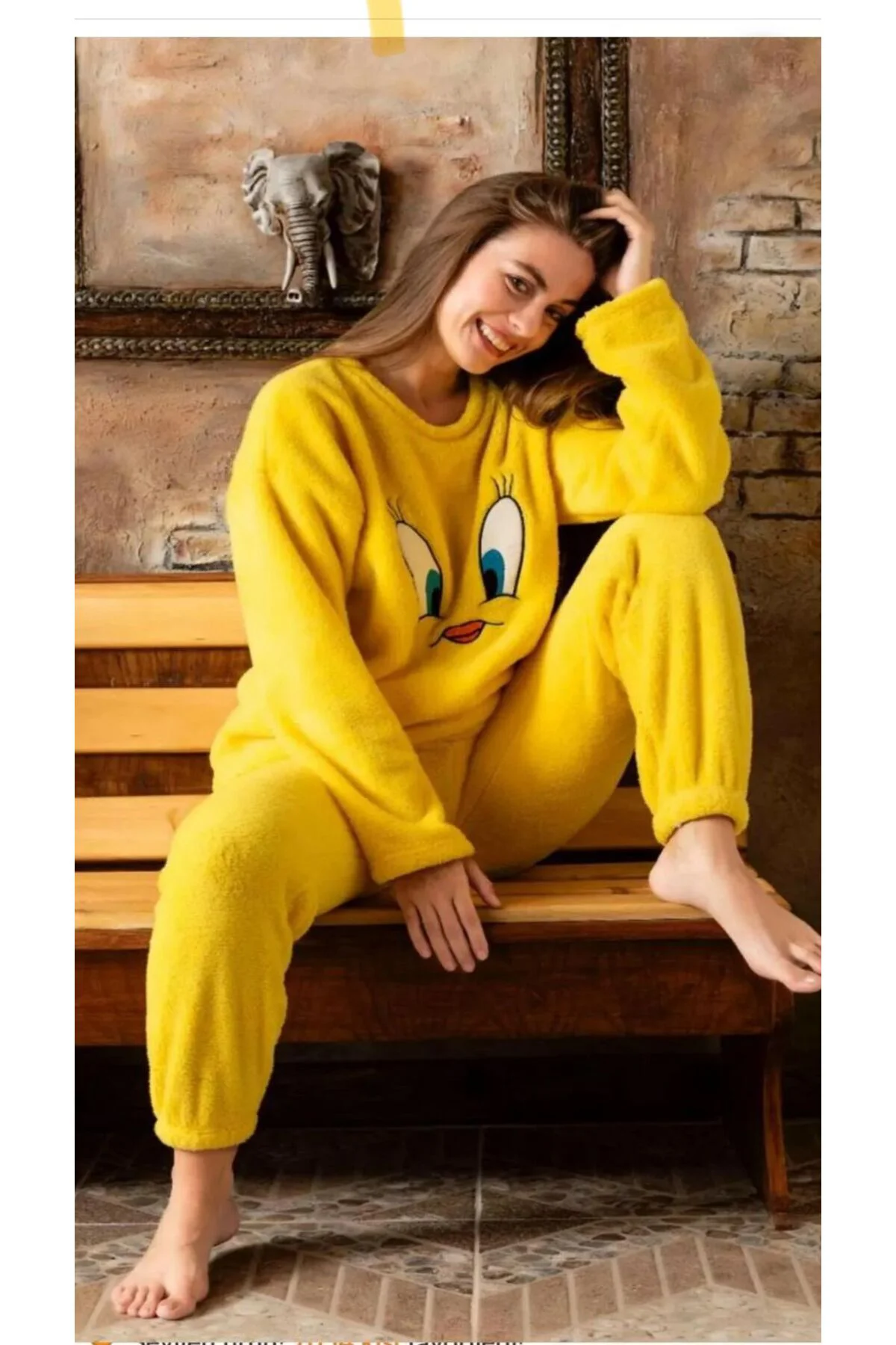 sarı Peluş Pijama Takımı