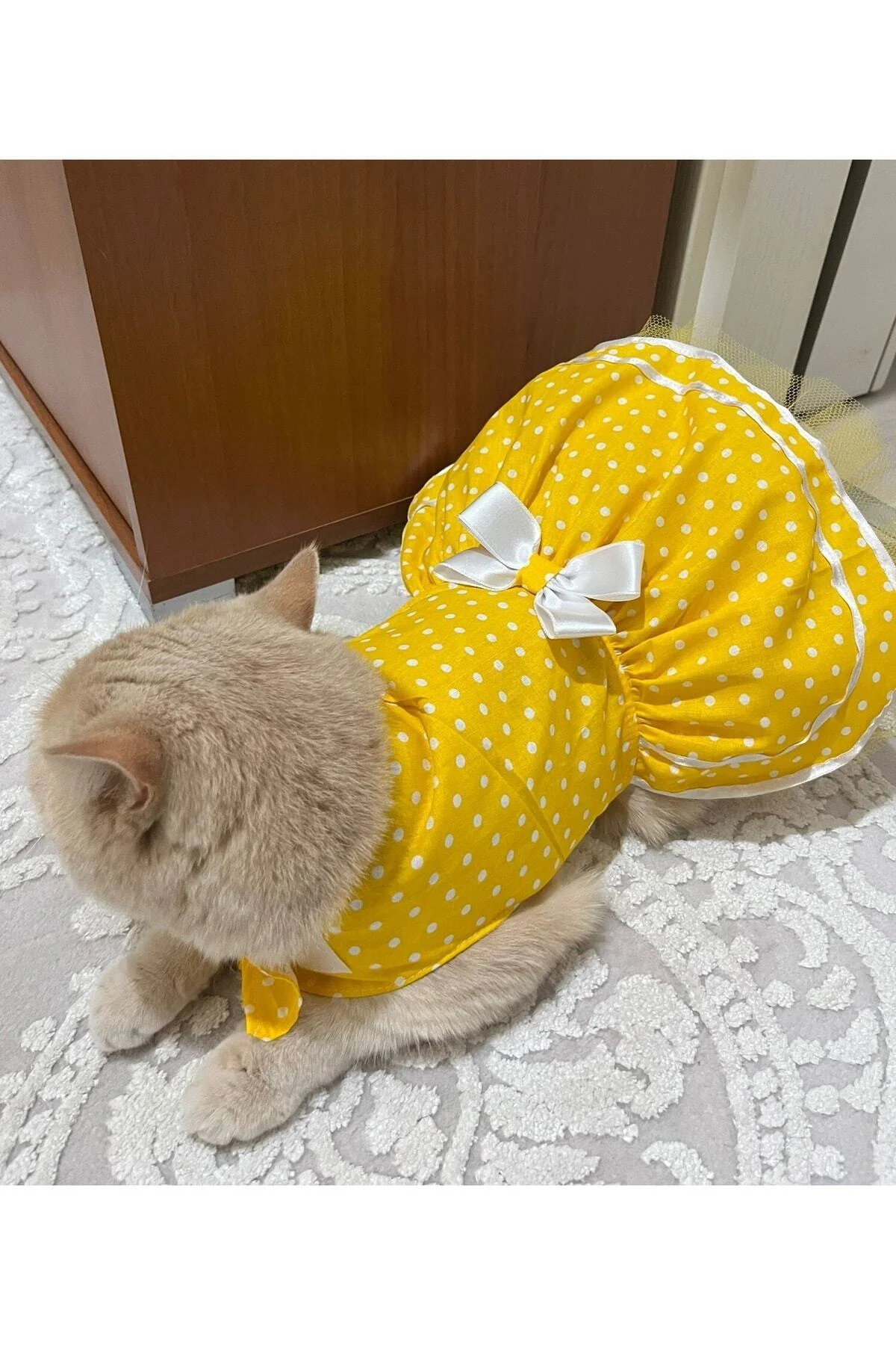 Sarı Puantiyeli Beyaz Papyonlu Kedi Köpek Kıyafeti Elbisesi Small