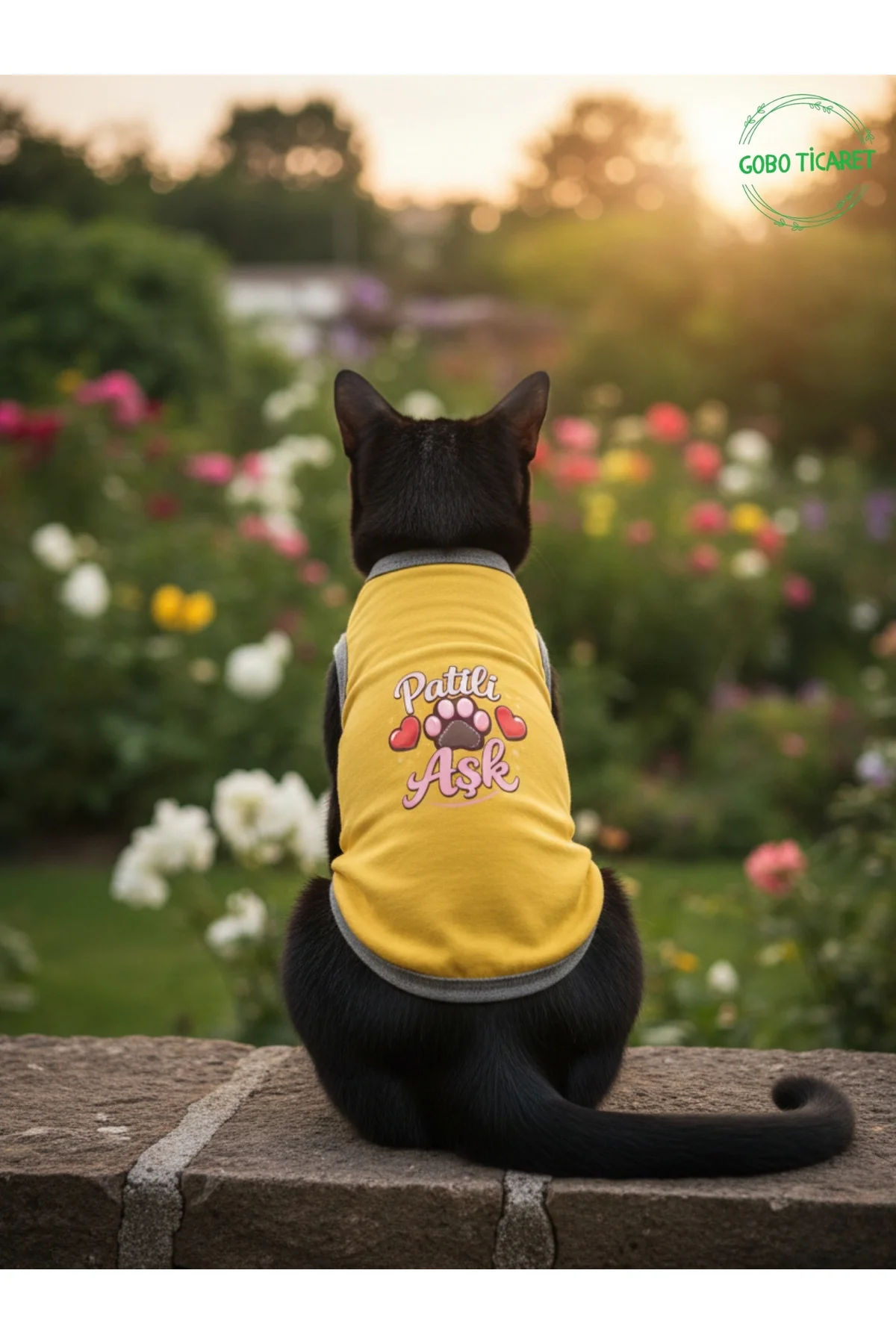 Sarı Renkli Patili Aşk Baskılı Kedi ve Köpek Kıyafeti Tişörtü Elb