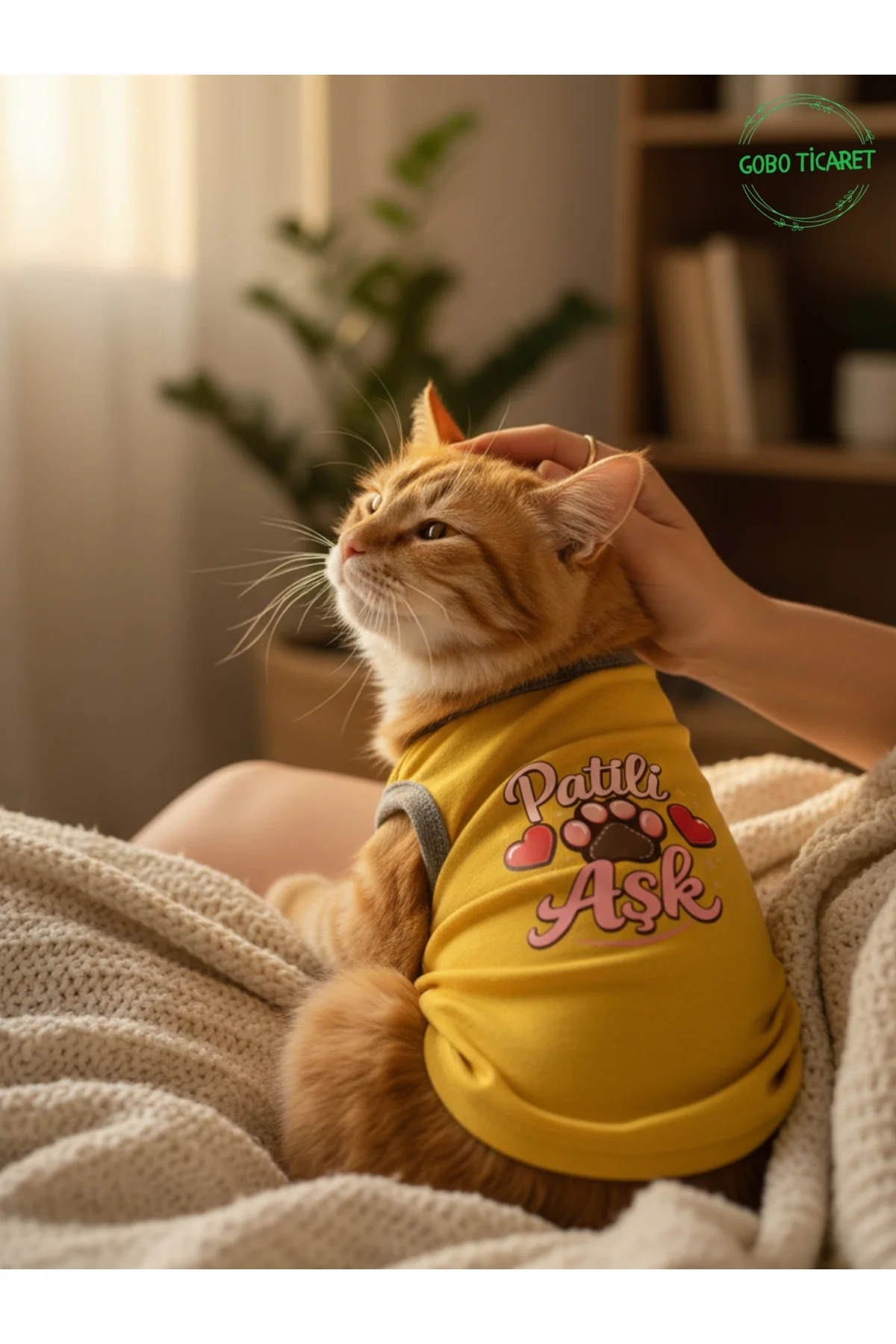 Sarı Renkli Patili Aşk Baskılı Kedi ve Köpek Kıyafeti Tişörtü Elb