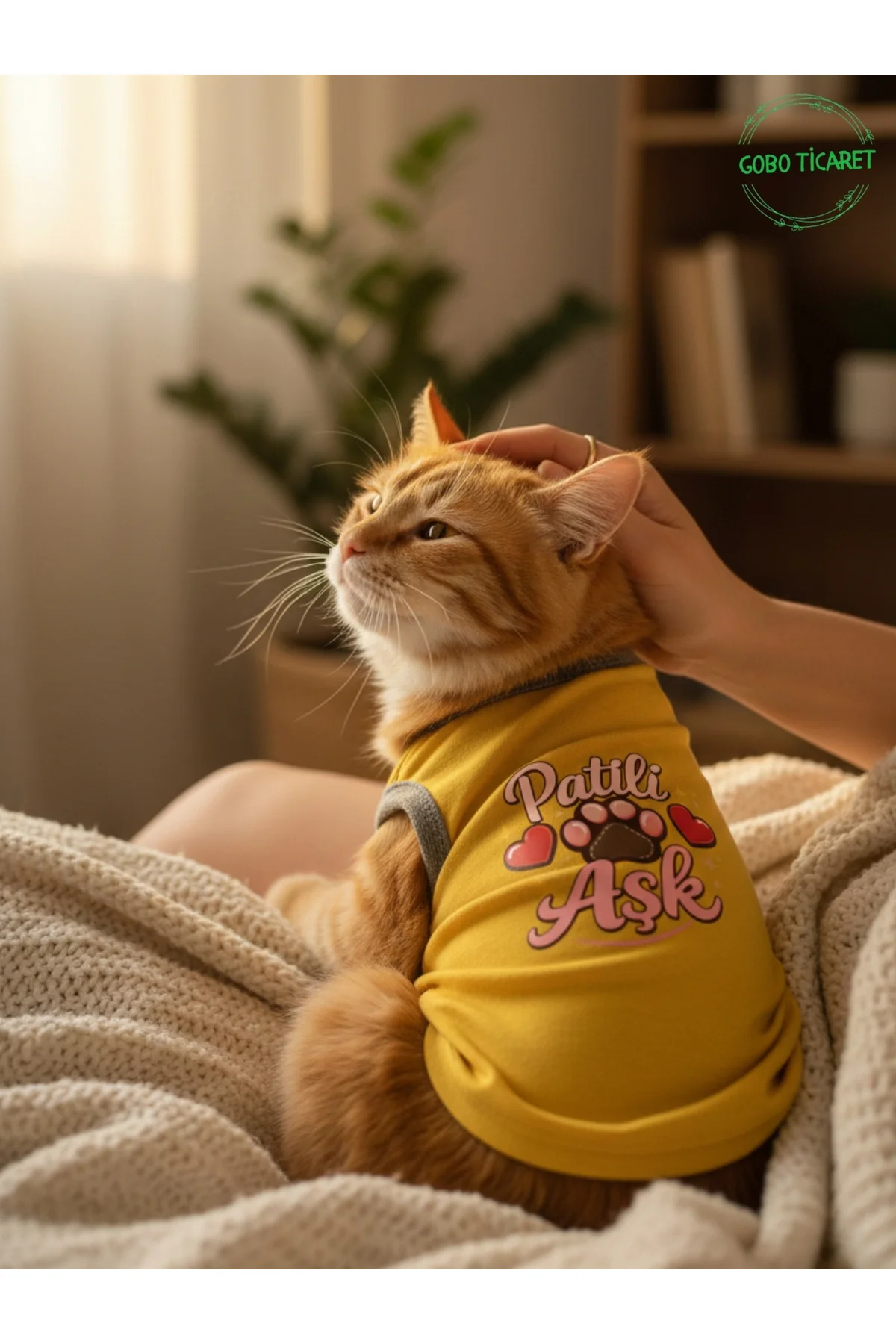 Sarı Renkli Patili Aşk Baskılı Kedi ve Köpek Kıyafeti Tişörtü Elb