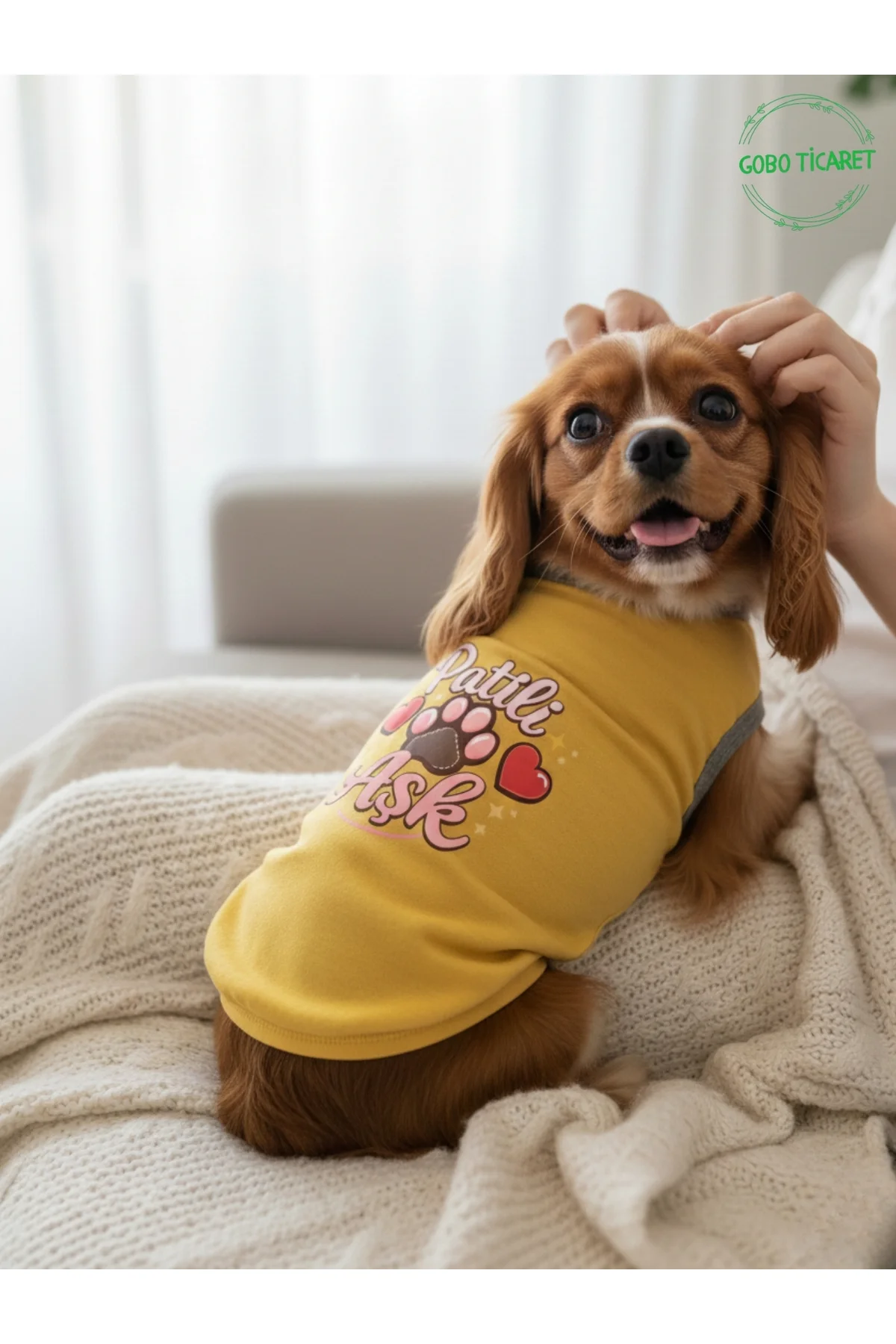 Sarı Renkli Patili Aşk Baskılı Kedi ve Köpek Kıyafeti Tişörtü Elb