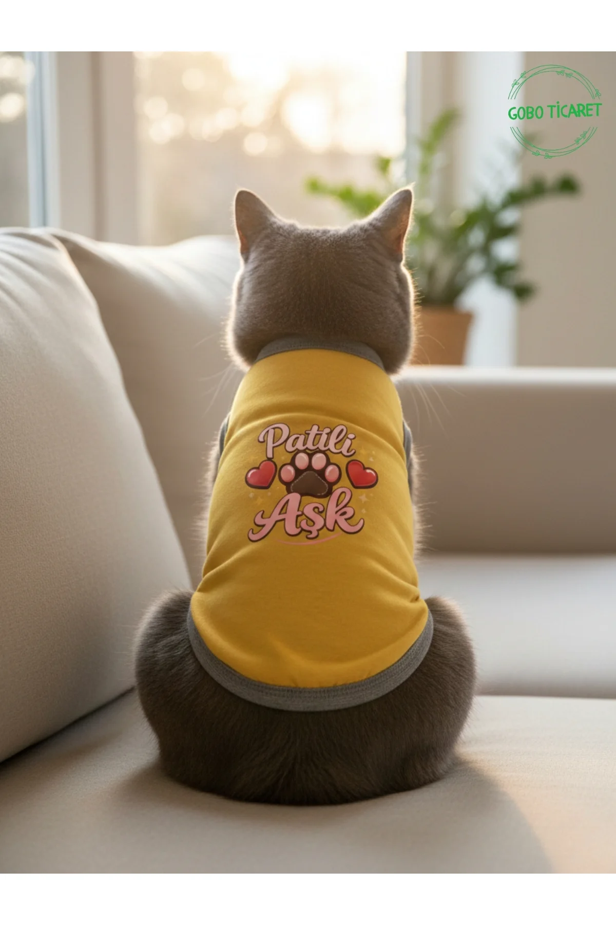 Sarı Renkli Patili Aşk Baskılı Kedi ve Köpek Kıyafeti Tişörtü Elb