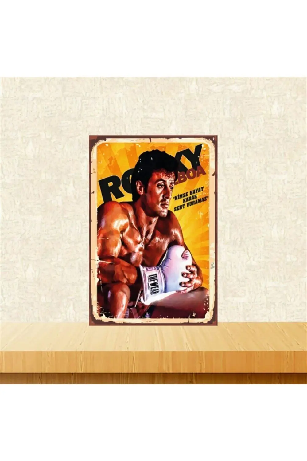 Sarı Rocky Kimse Hayat Kadar Sert Vuramaz Tasarımlı Retro Ahşap T