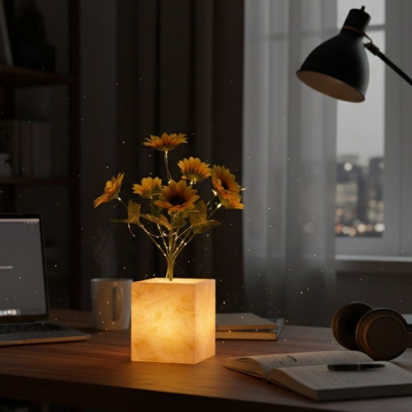 Sarı Saksıda LED Işıklı Dekoratif Yapay Çiçek