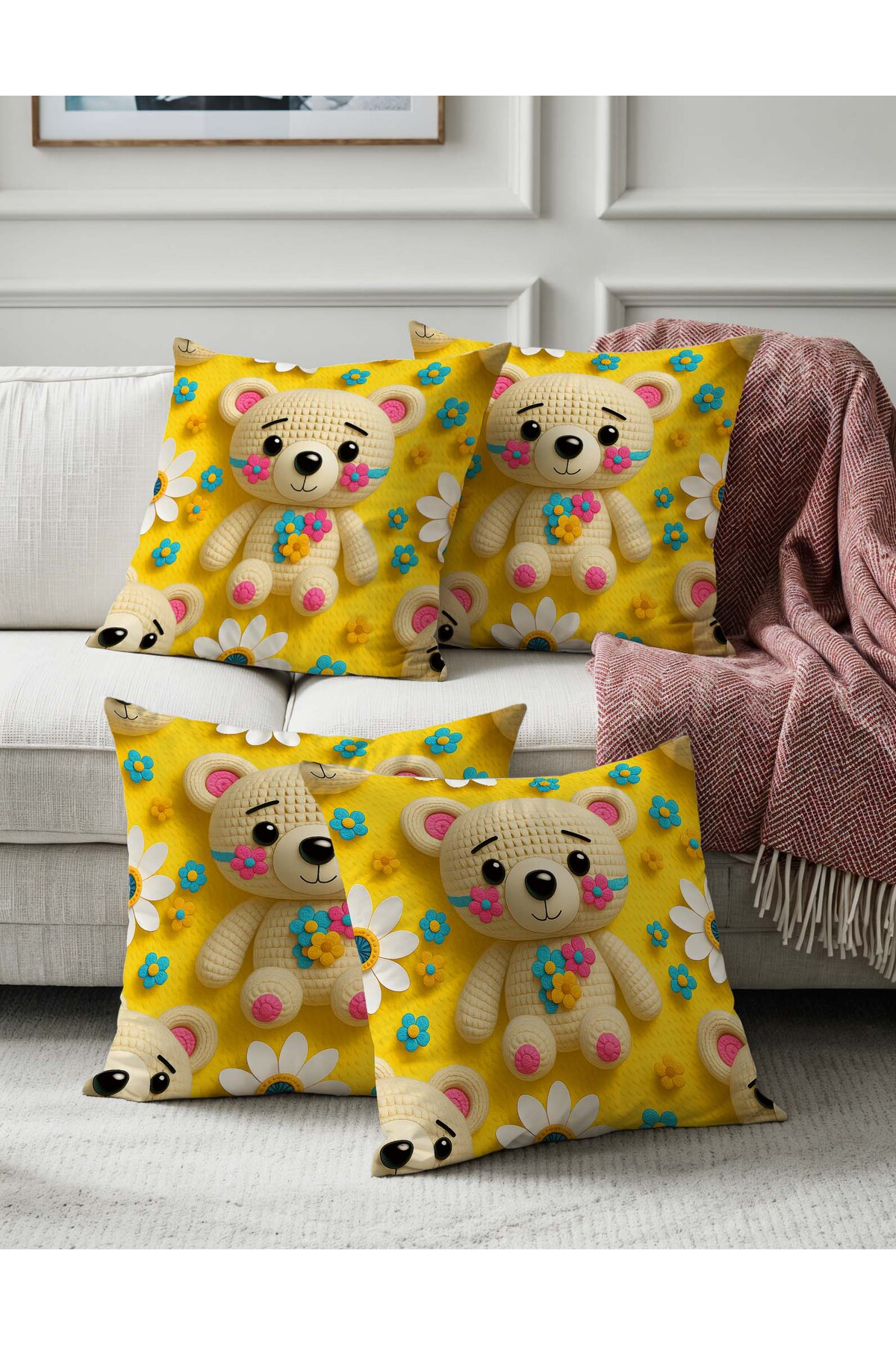 Sakallı Sarı Sevimli Ayıcık Çocuk Odası Temalı Dijital Baskılı Dekoratif