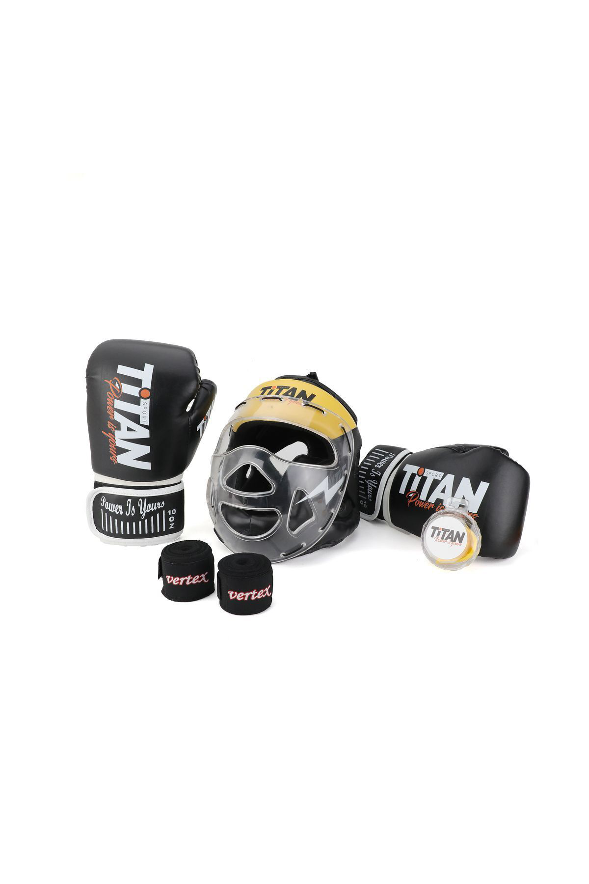 Titan Sport Sari Siyah Serisi Özel Takim Set , Camli Boks Kaski, Boks Eldiven