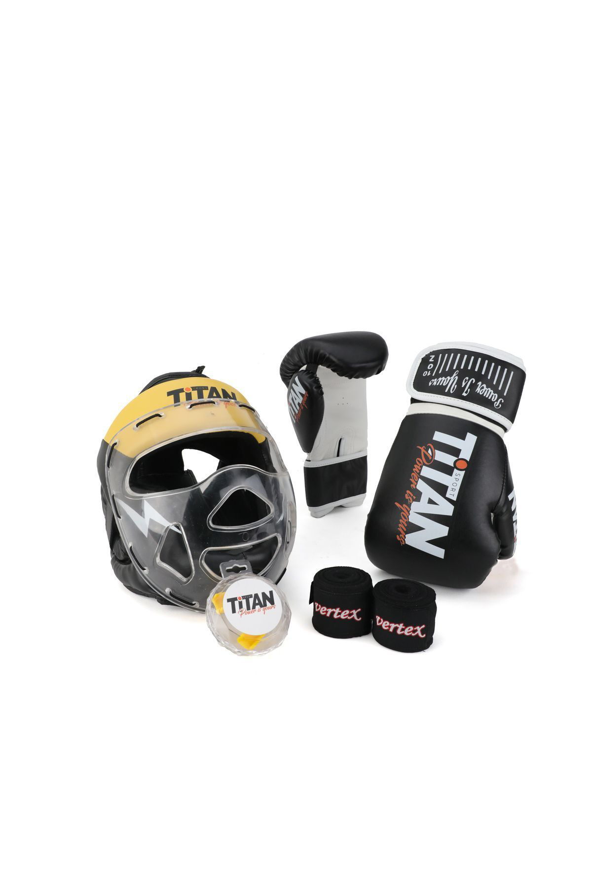 Titan Sport Sari Siyah Serisi Özel Takim Set , Camli Boks Kaski, Boks Eldiven