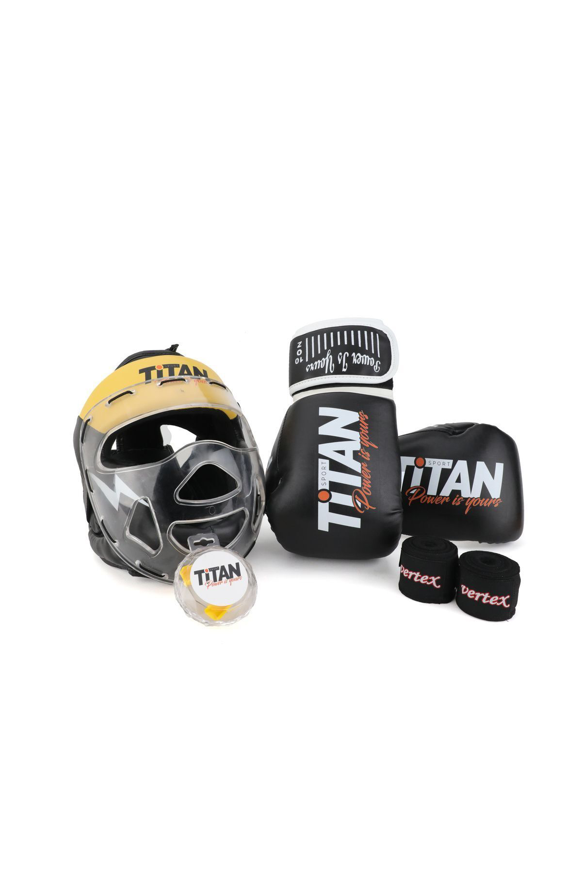 Titan Sport Sari Siyah Serisi Özel Takim Set , Camli Boks Kaski, Boks Eldiven