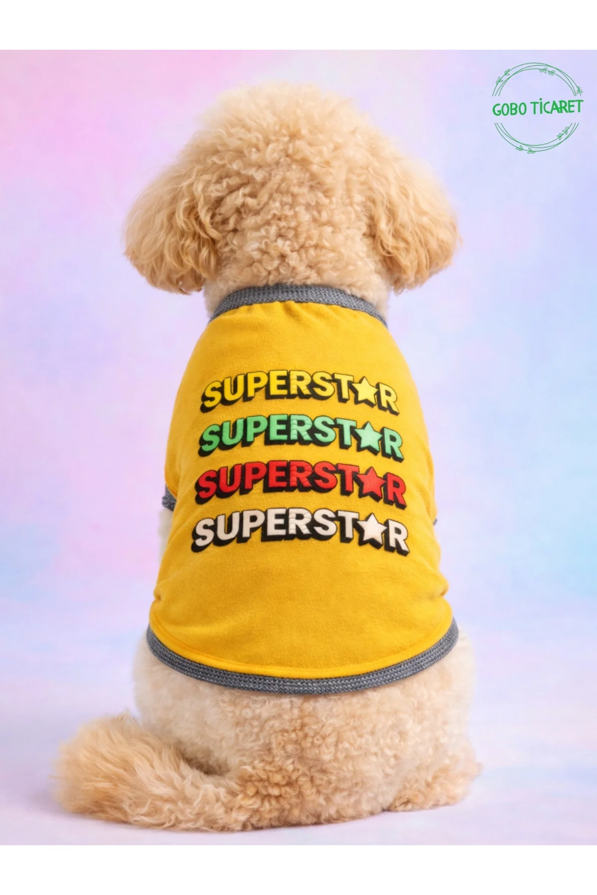 Sarı SUPERSTAR Yazılı Kedi ve Köpek Kıyafeti Tişörtü Elbisesi Med