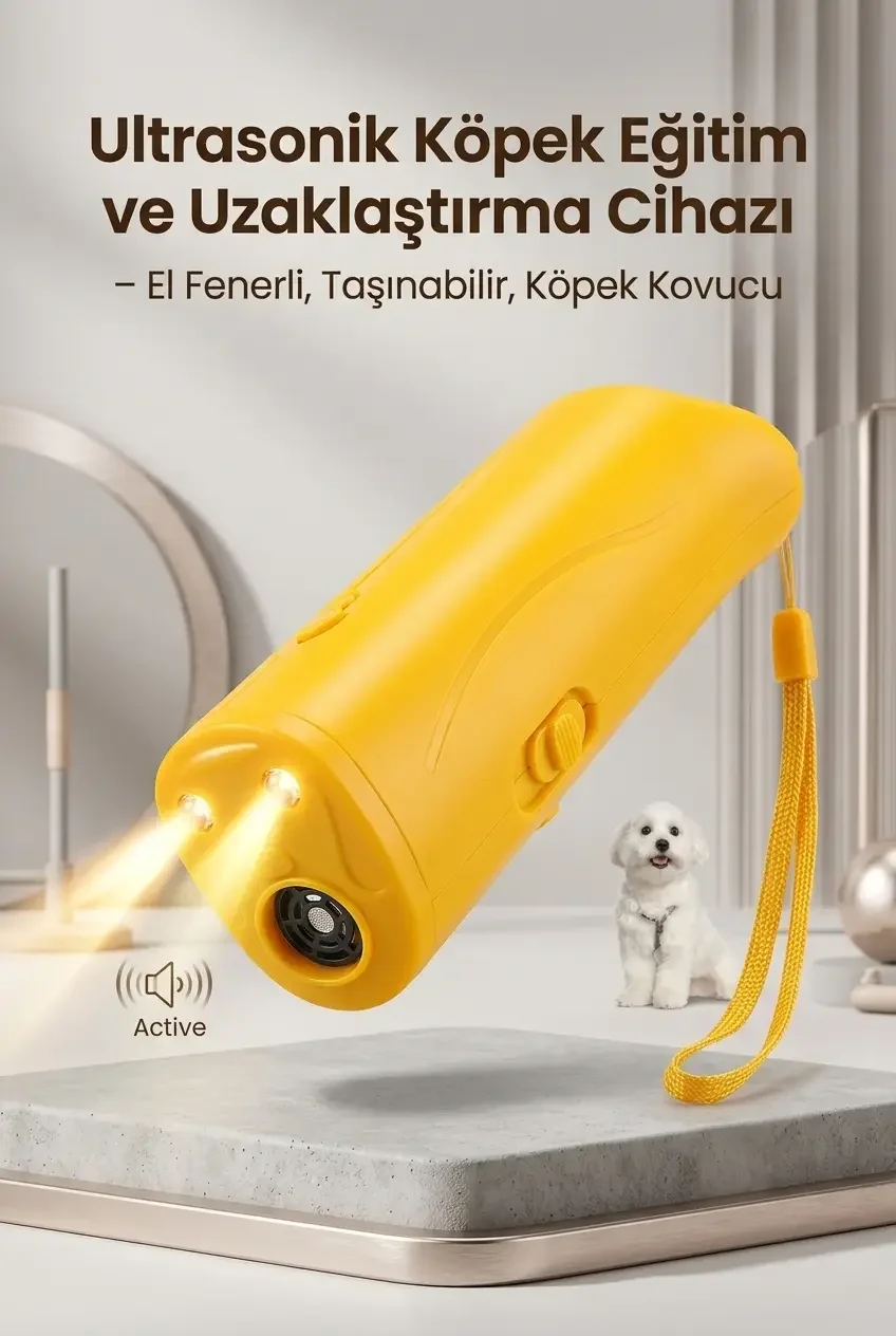 Sarı Ultrasonik Köpek Kovucu El Fenerli Eğitim Cihazı Günlük Taşınabilir Pratik Model