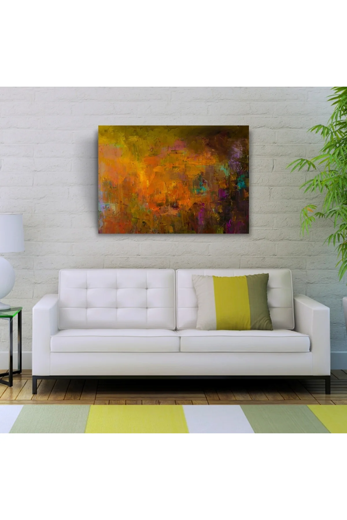Sarı ve Yeşil Tonlarda Soyut Yağlıboya Kanvas Tablo 50 x 70