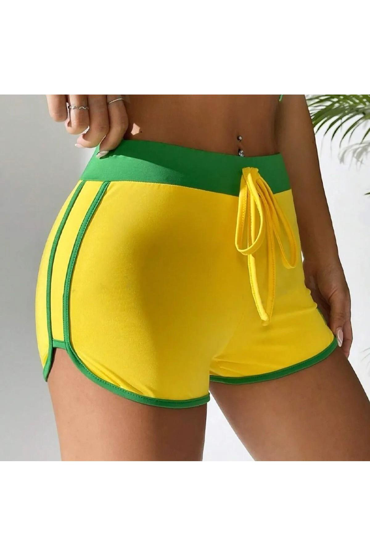 Sarı Vintage Brasil Yeşil Şeritli Biyeli Kısa Şort