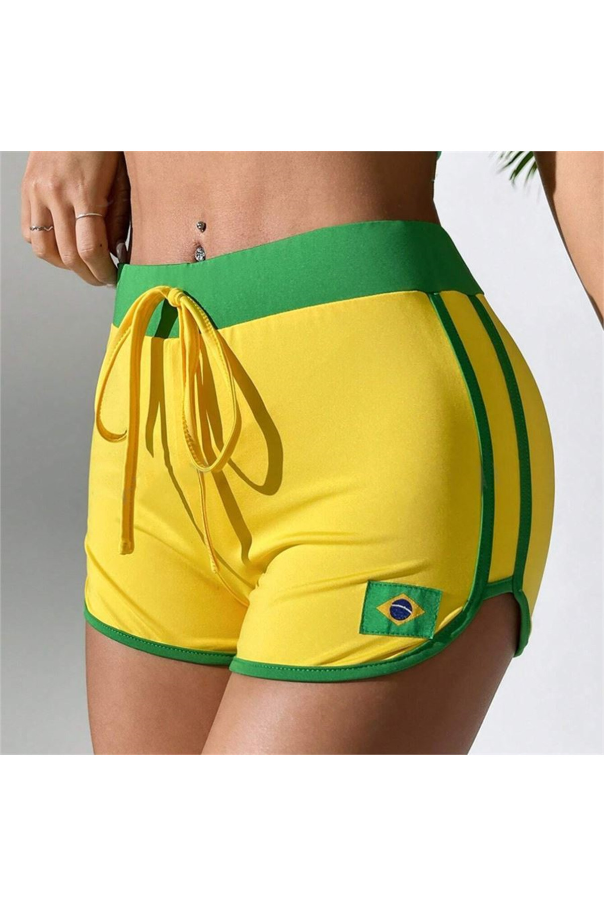 Sarı Vintage Brasil Yeşil Şeritli Biyeli Kısa Şort