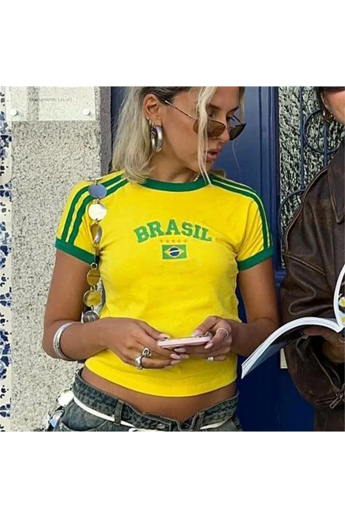 Sarı Vintage Brasil Kısa Kollu Crop