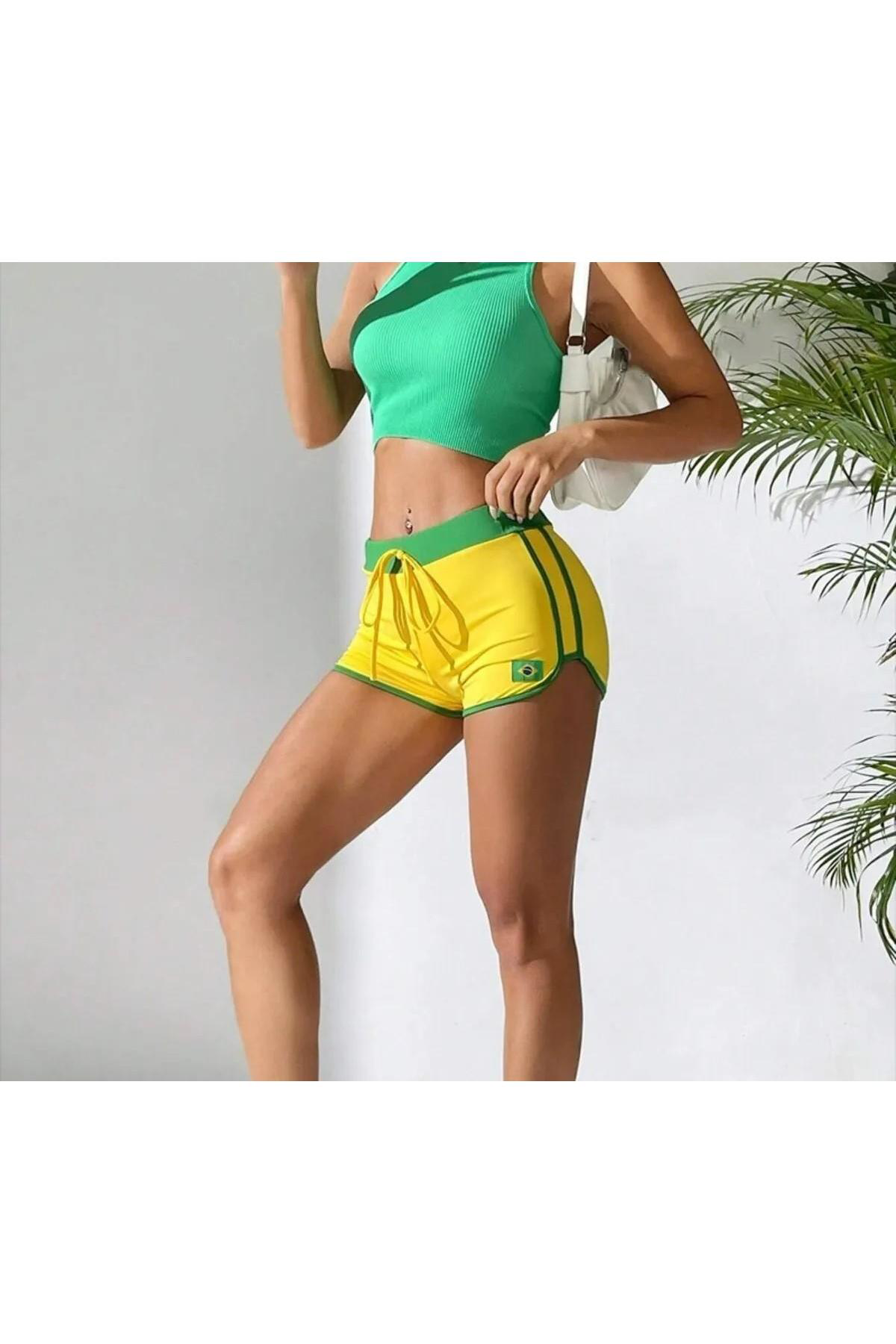 Sarı Vintage Brasil Yeşil Şeritli Biyeli Kısa Şort