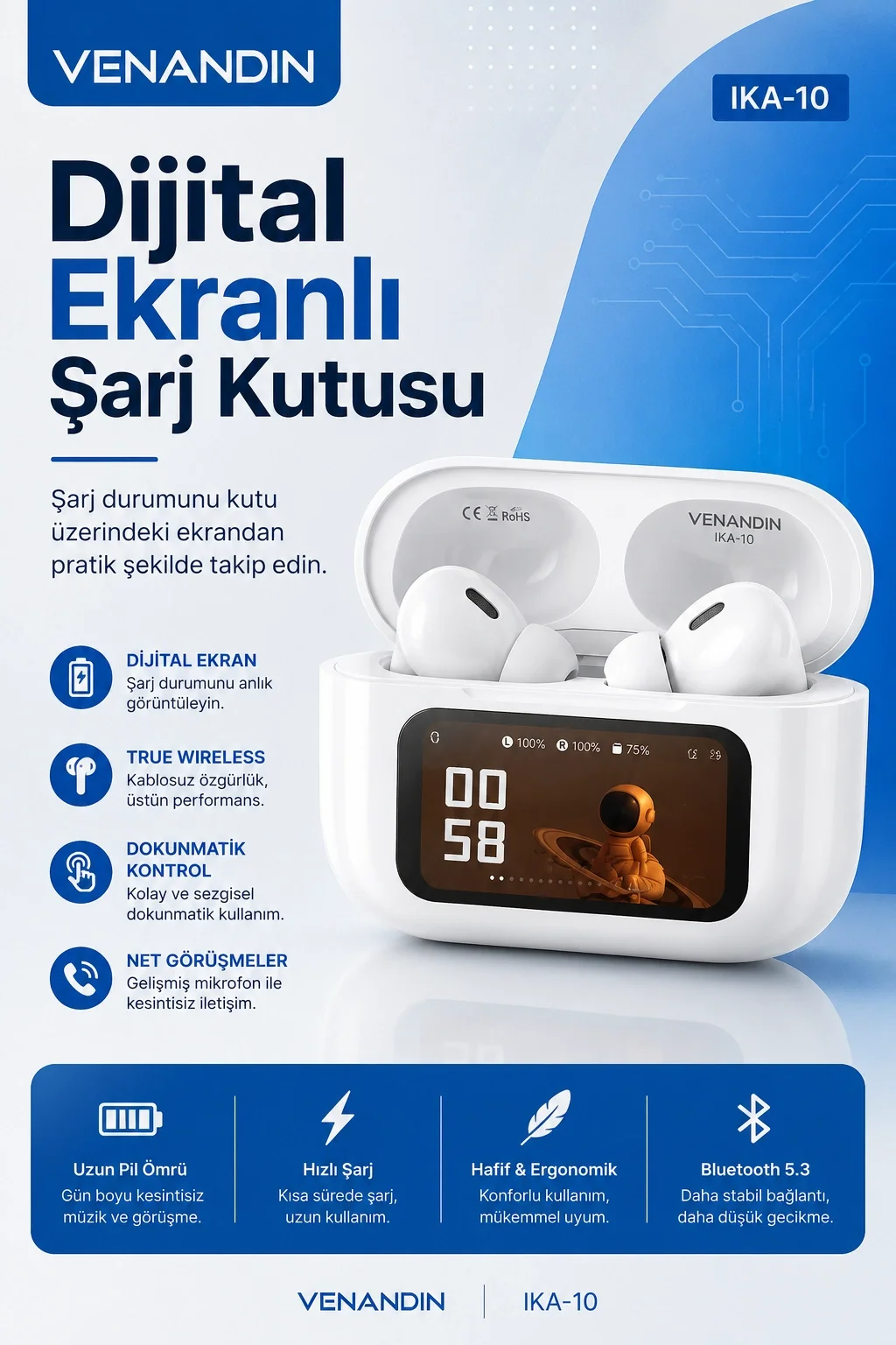 Şarj Durumu Göstergeli Kablosuz Kulak İçi Kulaklık Mikrofonlu Taşınabilir Set