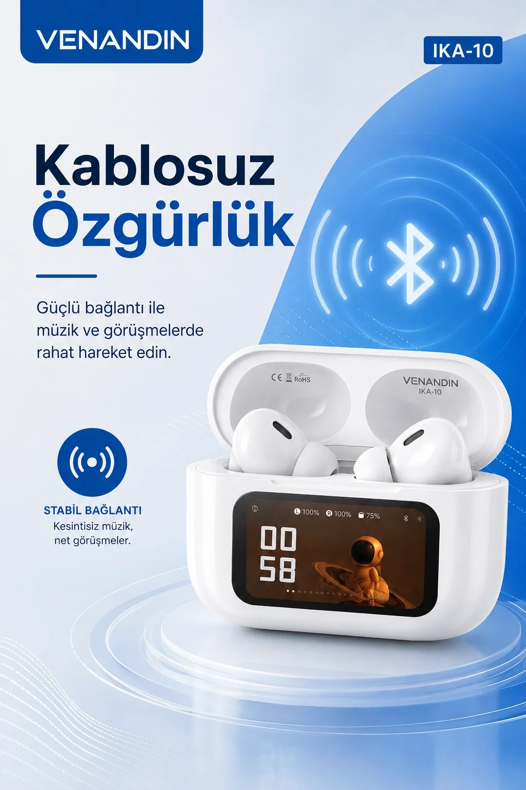 Şarj Durumu Göstergeli Kablosuz Kulak İçi Kulaklık Mikrofonlu Taşınabilir Set