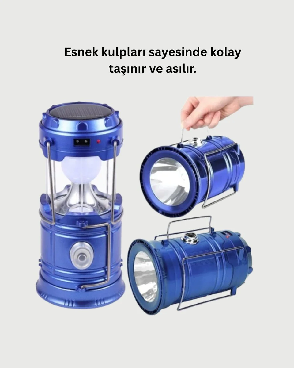 Şarj Edilebilir Güneş Enerjili Kızaklı Kamp Feneri – USB Çıkışlı Katlanabilir Dayanıklı ve Çok Fonksiyonlu