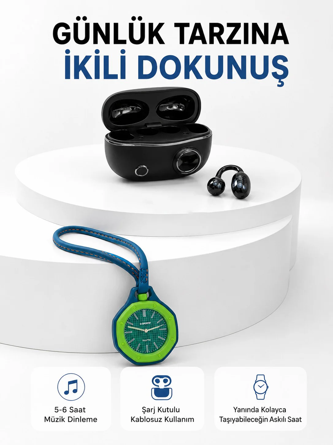 Şarj Kutulu Kablosuz Kulaklık ve Yeşil Askılı Analog Çanta Saati Avantajlı İkili Set Şarj Kutulu Kablosuz Kulaklık ve Yeşil Askılı Analog Çanta Saati Avantajlı İkili Set