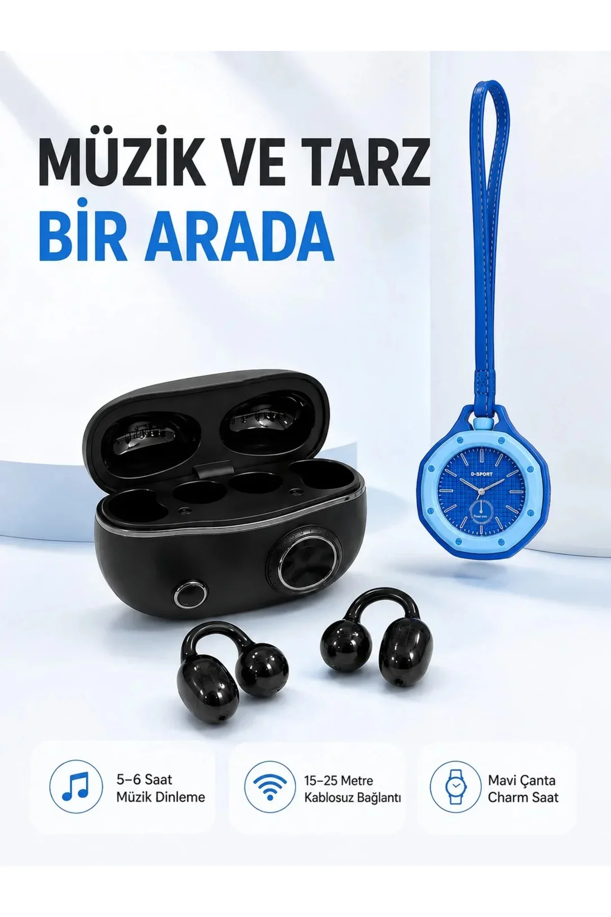 Şarj Kutulu Kablosuz Kulaklık ve Askılı Mavi Charm Saat Avantajlı İkili Set