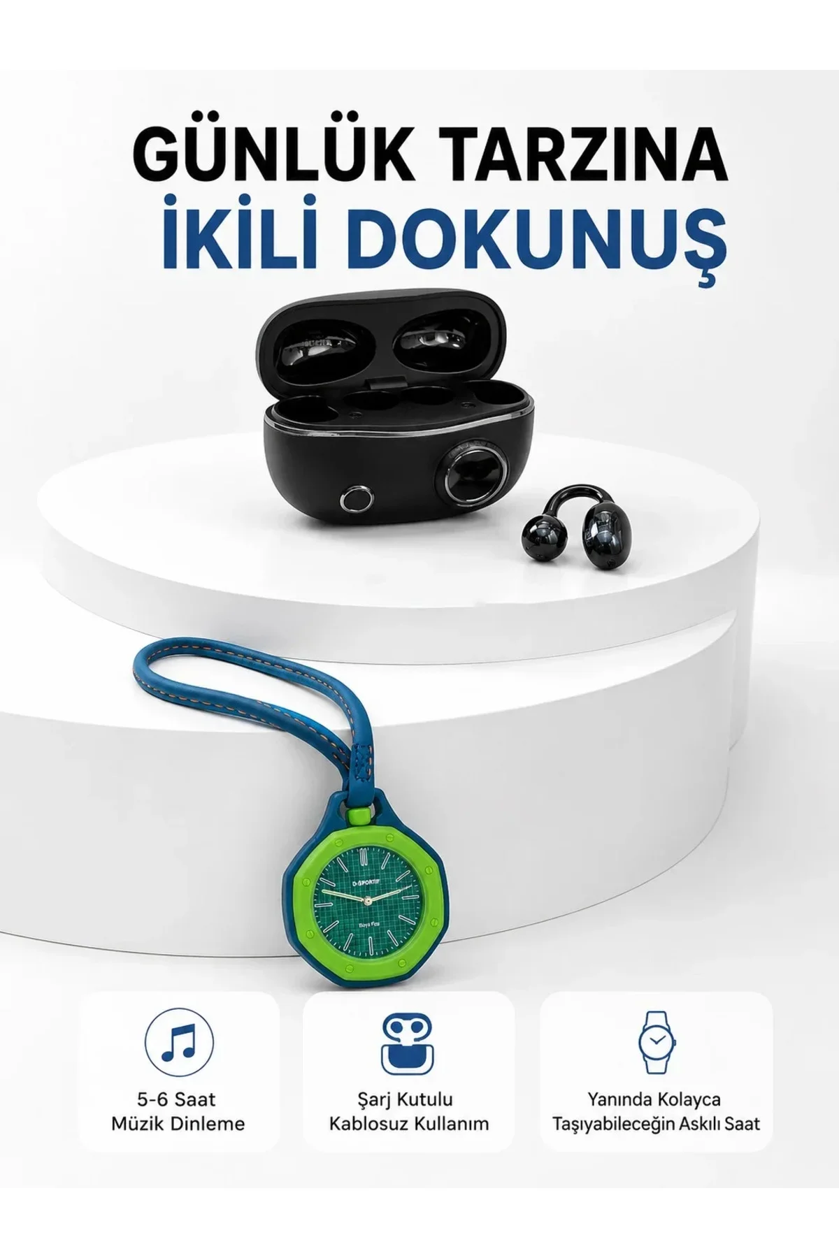 Şarj Kutulu Kablosuz Kulaklık ve Yeşil Askılı og Çanta Saati Avantajlı İkili Set Şarj Kutulu Kablosuz Kulaklık ve Yeşil Askılı og Çanta Saati Avantajlı İkili Set