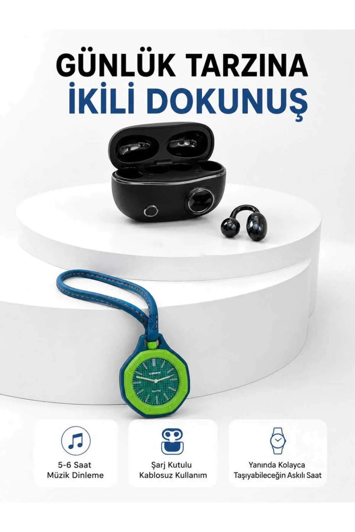 Şarj Kutulu Kablosuz Kulaklık ve Yeşil Askılı Analog Çanta Saati Avantajlı İkili Set Şarj Kutulu Kablosuz Kulaklık ve Yeşil Askılı Analog Çanta Saati Avantajlı İkili Set