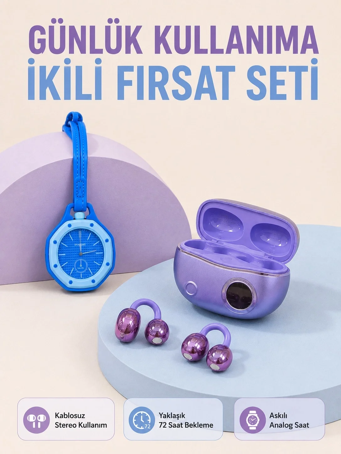 Şarj Kutulu Kablosuz Kulaklık ve Askılı Analog Charm Saat Kampanya Seti Mor Mavi