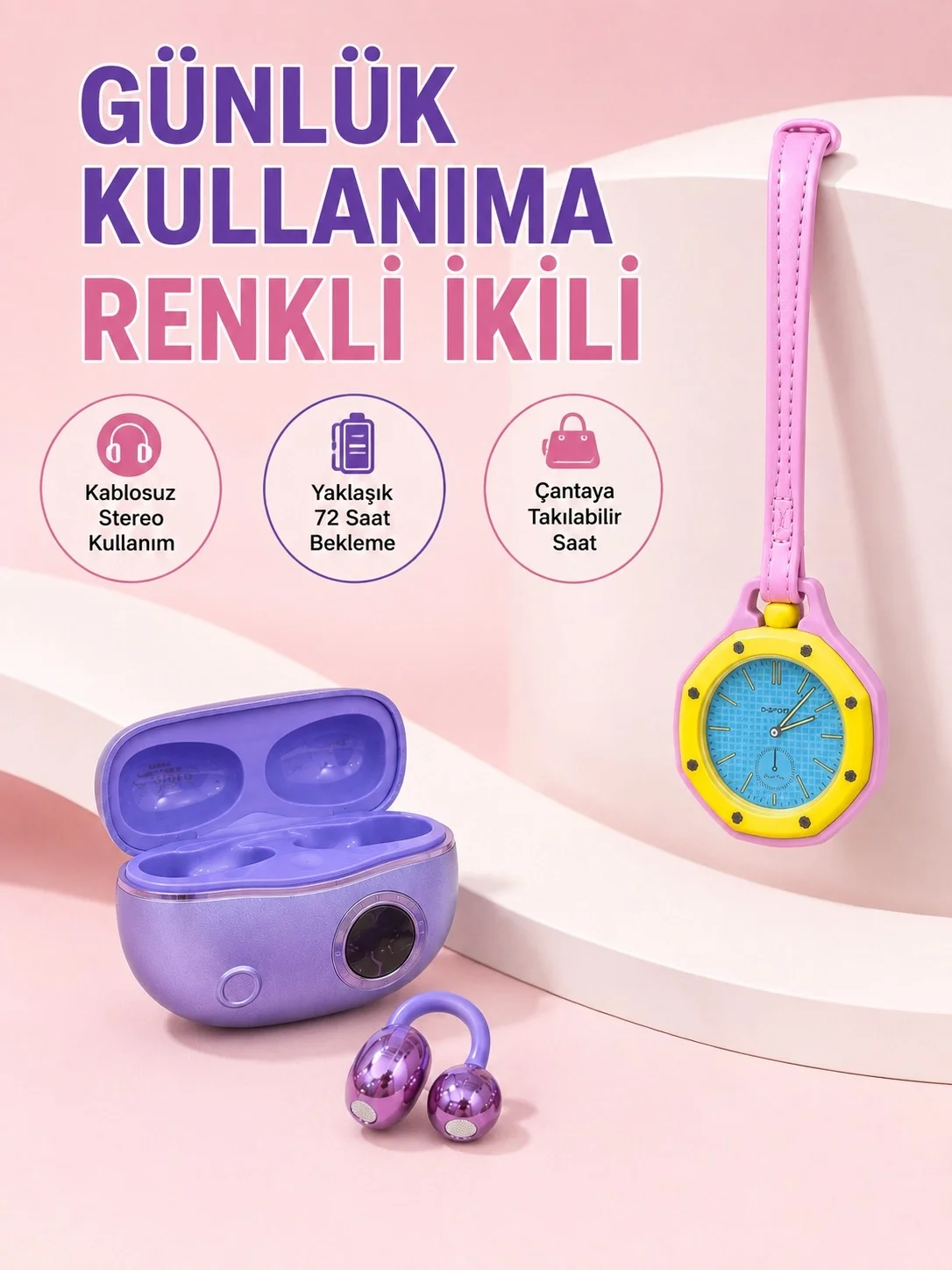 Şarj Kutulu Kablosuz Kulaklık ve Pembe Çanta Charm Analog Saat Seti Müzik ve Aksesuar Bir Arada Şarj Kutulu Kablosuz Kulaklık ve Pembe Çanta Charm Analog Saat Seti Müzik ve Aksesuar Bir Arada