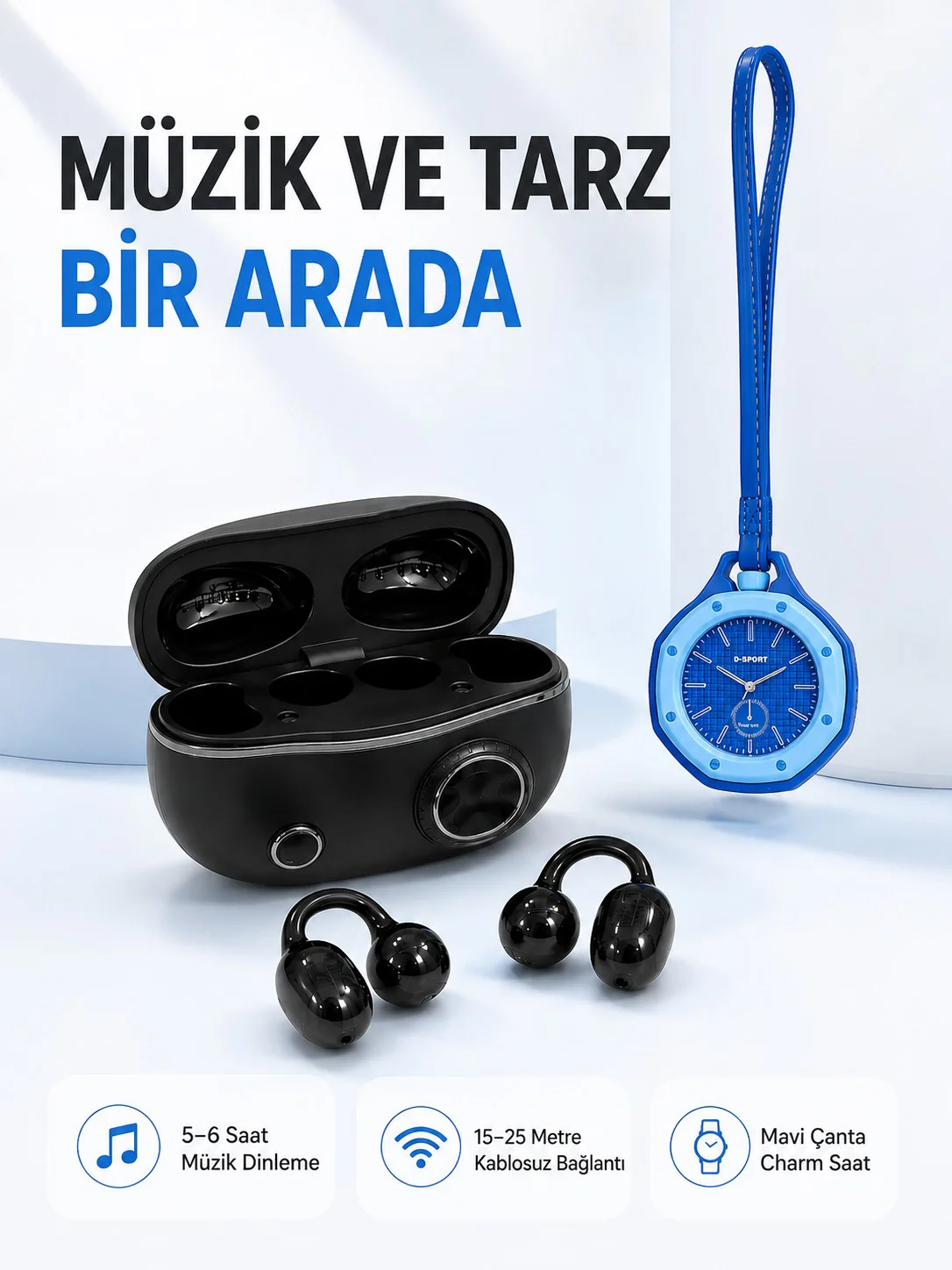 Şarj Kutulu Kablosuz Kulaklık ve Askılı Mavi Charm Saat Avantajlı İkili Set Fiyatı, Yorumları ve Özellikleri